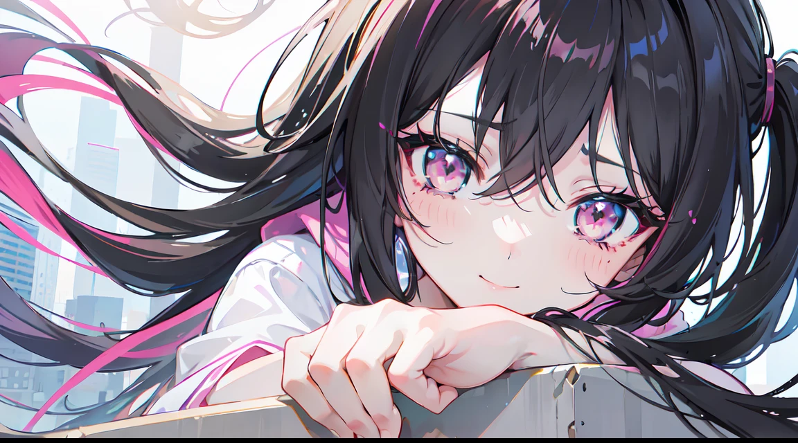 black hair, gradient hair, bangs, messy hair, long hair, expressions, pink eyes, heavy breathing, accurate, background landscape, (tokyo), blush, seductive smile, happy, vivid colors, sitting on a hedge, wearing casual fit, modern, anime style, feet out of frame, pov, first-person view, wide shot, close-up, UHD, anatomically correct, super detail, highres, best quality, ccurate