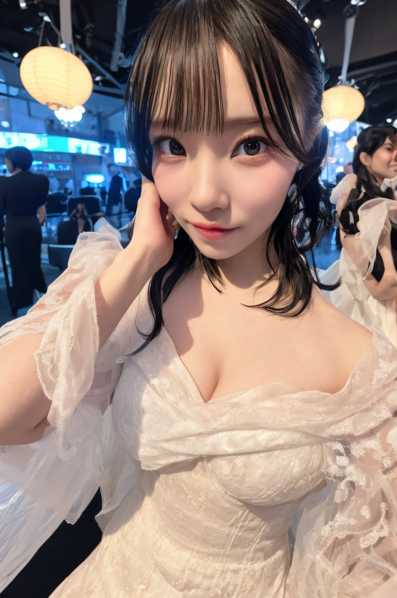 (4K,  Best Quality, hight resolution:1.2), (Realistic, Photorealsitic:1.37),  Momo Girls, 1girl in, Solo, pale skin,   Beautiful face,  Detailed face, breasts,  cleavage, white wedding dress, white bridal veil,   (Looking forward:1.3),  white lace trim,
(Cute:1.3),  Detailed eyes, heart-shaped lip,    breasts, Narrow waist, Heart-shaped_Lips,  blush, [eye shadow],  [cherry ], (Smile:0.5),
Perfect body, Parted lips, Realistic light, realistic shadow,  Beach,  enticing, big innocent  eyes,  [Blurry background], eyes focus,  [depth of fields], Professional Lighting, Photon mapping, Radio City, Physically-based rendering,high detailing,  masutepiece,