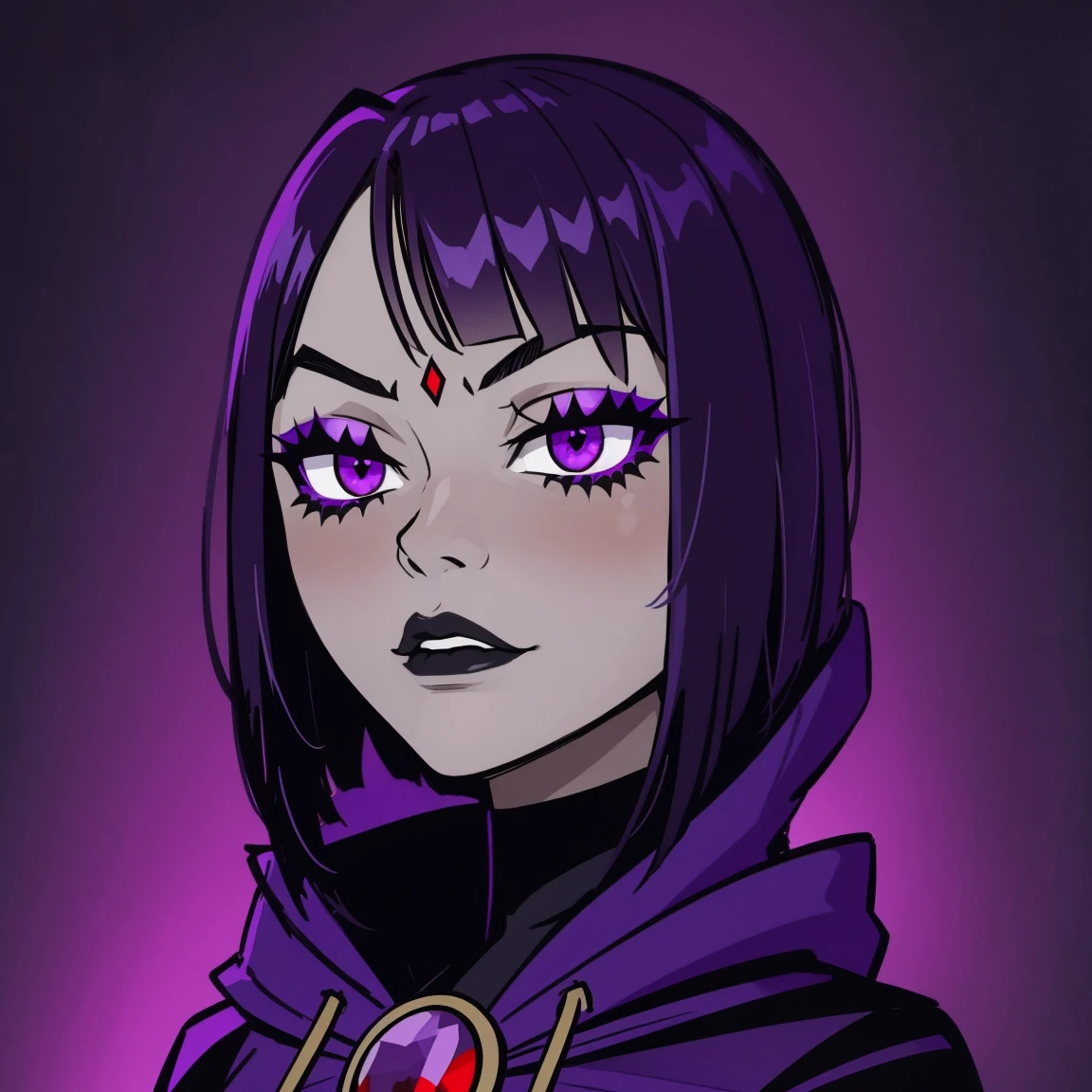 Raven, teen titans, hooded, goth girl, autumn forest background, detailed, detailed, detailed, beautiful, detail, goth girl, masterpiece, purple clothes, red jewel centre head, dark night background, gothic, goth, goth, detailed, goth girl, piercings, detailed face, looking viewer, raven, (Dark eye shadow) dark eye shadow, black eye shadow,