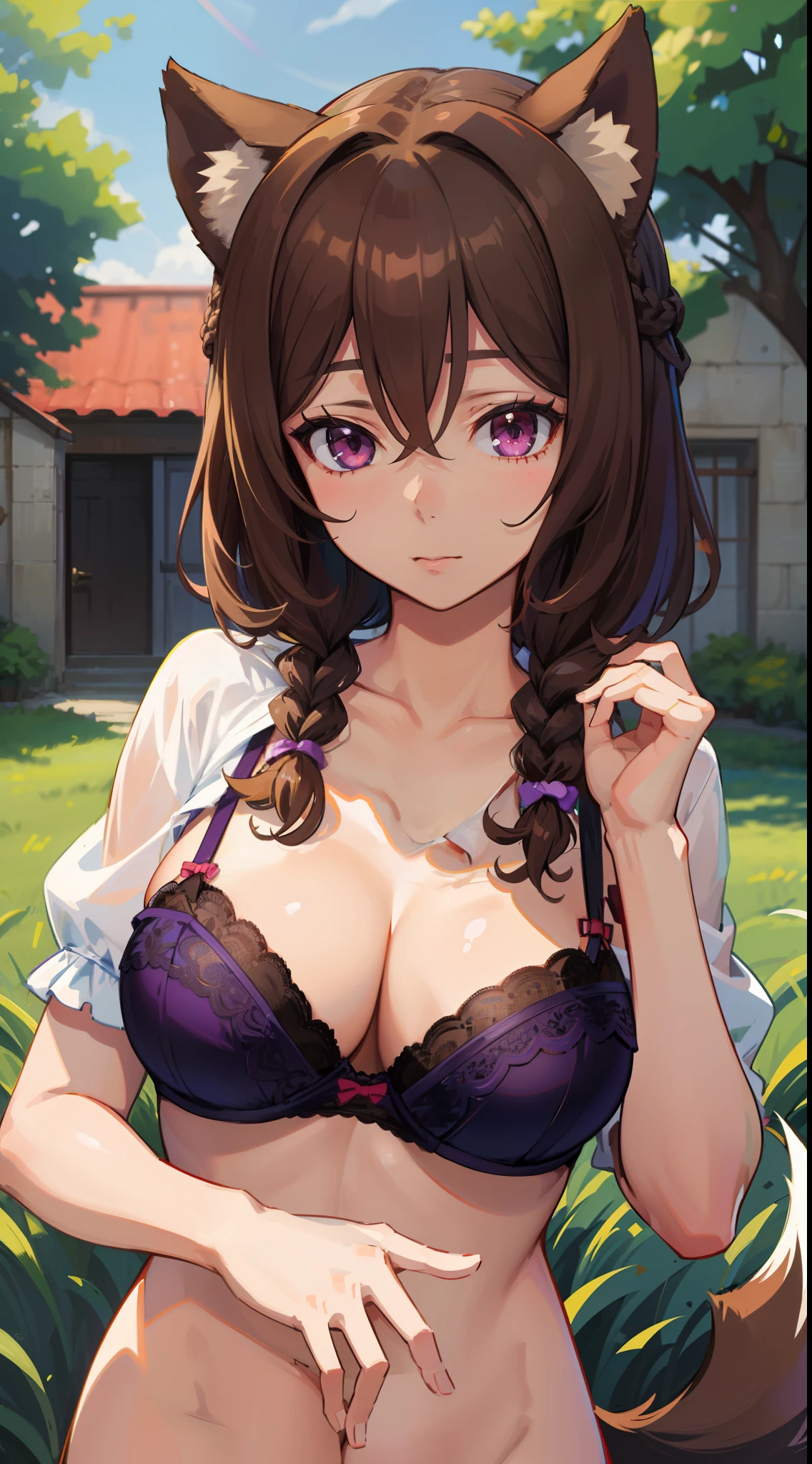 1girl, solo, (masterpiece, best quality:1.4), extremely detailed face, perfect lighting, nice hands, perfect hands, naaza erisuis, naazadef, hair between eyes, dog ears, dog tail, dog girl, brown hair, short hair, braid curly hair, purple eyes, in frame, centered, bra, outdoors.