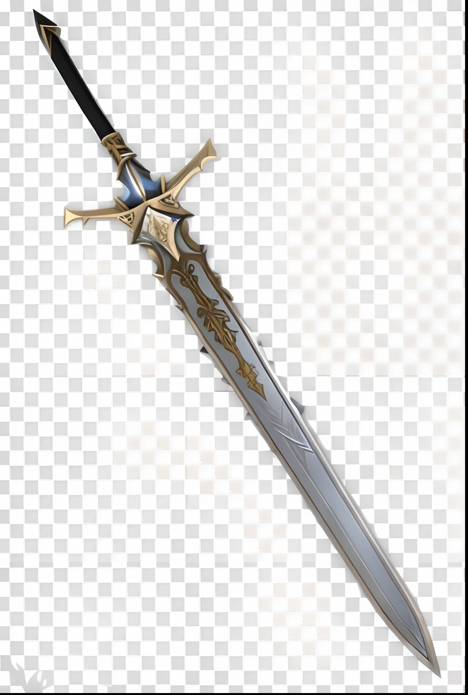 A closeup of a sword with a black handle on a transparent background, arte da arma do RPG de fantasia, armored sword blade, espada de fantasia, Espada de fantasia de guerreiro, design de espada, epic fantasy weapon art, war blade weapon, Espada medieval, espada longa, Espada de Prata, Espada Brilhante, fantasy blade, espada bonita, arma de fantasia, steel sword, Arte da Arma Warcraft Blizzard, espada