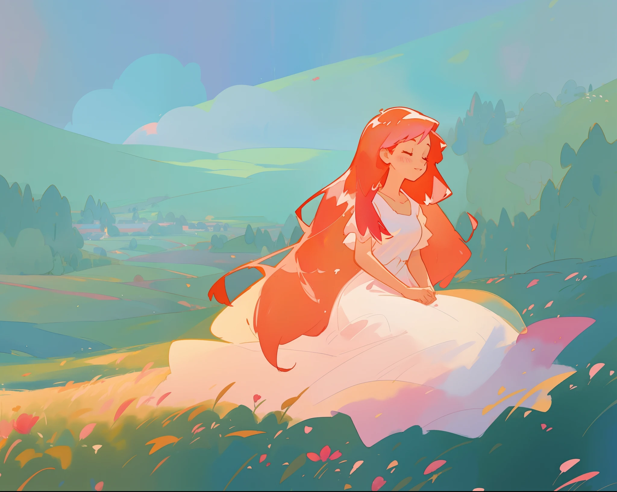 beautiful girl in white flowing dress, long flowing red pink gold hair, wide open field meadow background, watercolor illustration, disney art style, beautiful digital illustration, fantasia otherworldly landscape plants flowers, beautiful, masterpiece, best quality, anime disney style