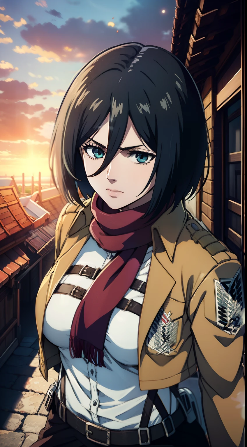 aot style, Shingeki no Kyojin, mikasa ackerman, 1girl,(Body Full 1.1), Hand strap, quiff, black  hair, Black pants, 가슴, green colored eyes, Hair between the eyes, turnstile, long sleeves, looks at the viewer, Average Breasts,, breeches, red scarf, a scarf, Shirt, Short Hair Hair, Roof of the city, roof, Sun, In the air, Holds blades in his hands, jump, Smoke, 独奏, hip belt, brown jacket, white  shirt, Scientific Research Building \(Emblem\), ((tmasterpiece)), beste-Qualit, Sex, hooligan, waist, legsupms, buttocks, 가슴, (Body Full 1.1), Camera from above, Frame from above, the night, Lights, looks at the viewer, ssmile, grin, criminal, laughting, Cool anime 8K, Clean and detailed anime art, 4K Manga Wallpapers, Подробный портрет Anime Girl, Anime 4K Style, Anime Art Wallpapers 4K, Anime Art Wallpaper 4K Masterpiece, Gorgeous, Best Quality,