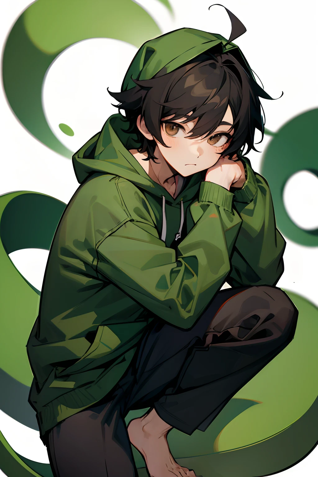 anime boy with black hair and brown eyes in a green hoodie curled into his knees.