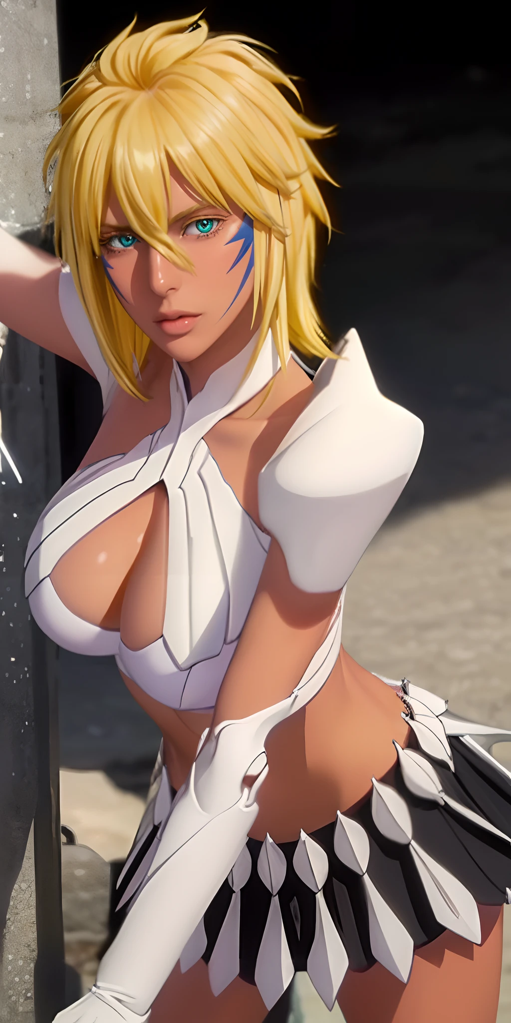 (((Haribert layer, Short hair, Blonde hair, dark skinned female, face markings, Armor, pauldrons, Skirt, cleavage, cleavage cutout, midriff, navel, 鎖骨,Tear Halibel(Armor),Crop top,Brown skin,Turquoise eyes,Short blonde hair,The cheeks have dark blue lightning-like facial lines,Black and white armor,Skirt swimsuit))),((Masterpiece)),A high resolution, ((Best quality)),tmasterpiece,top-quality,best qualityer,((( Exquisite facial features,looking at viewert,There is light in the eyes ))),(((Light and shadow interlace,huge boob))),(((Arapei Asian woman poses for a photo, Sexy girl, 2 , 1 9 year old, Crop top, 18 years old, 21 years old, 19-year-old girl,)))
