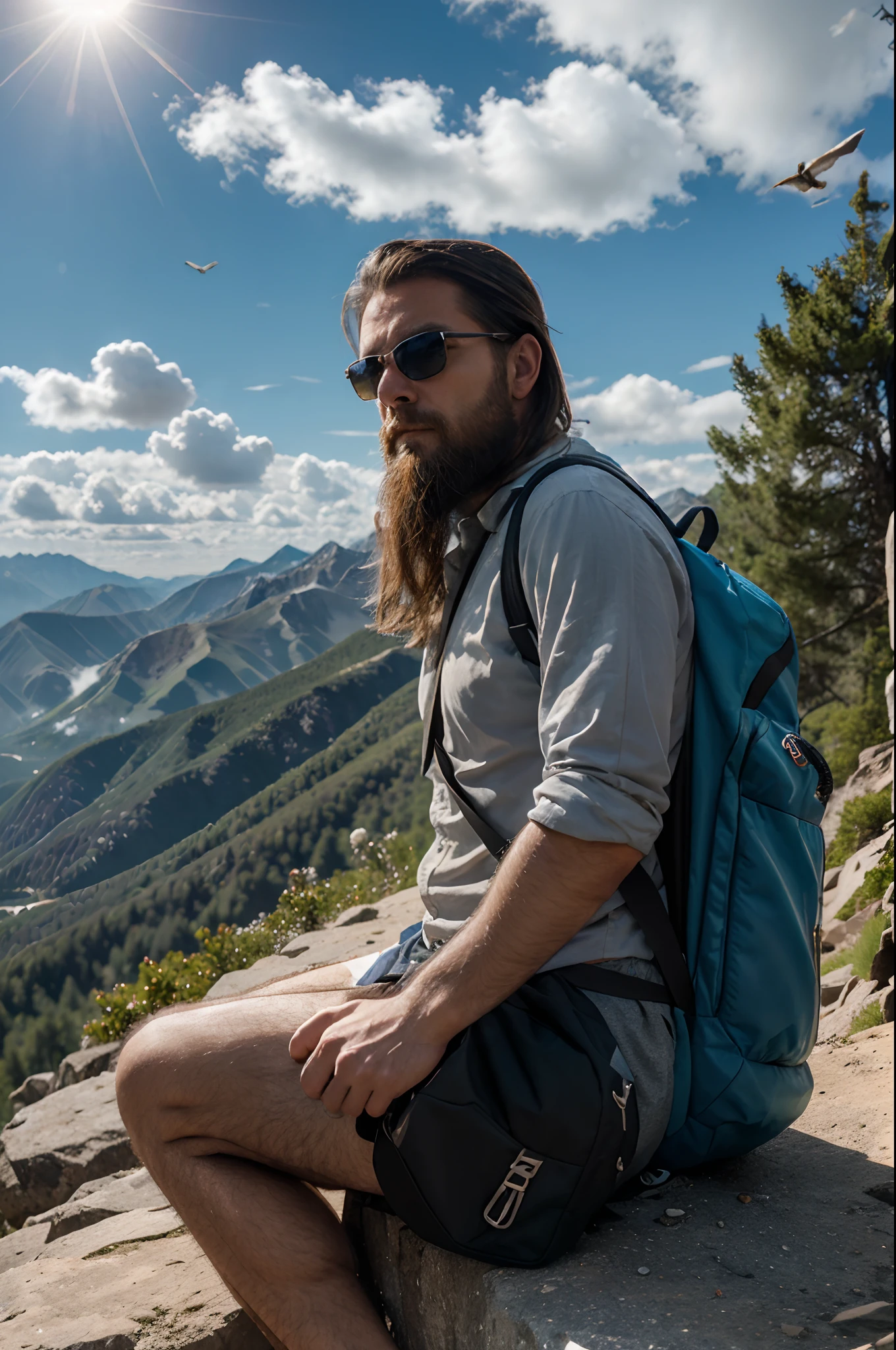 A man long beard man, dredlock hair, sitting on a mountain top, mountains and clouds in the front, birds, bag pack, sun glass, alone , masterpiece, information, hyper realistic, cinematic picture