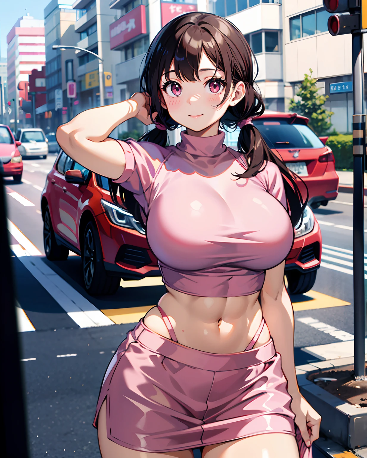 1girll， minamoto_shizuka， By bangs， Short twin tails，Pink skirt，ssmile, Woman in tight skirt posing for a photo, wearing tight simple clothes, tight costume, tight attire, wearing tight shirt, huge tit, Crazy swollen breasts, Fitness model, Buttock augmentation, Ruddy cheeks