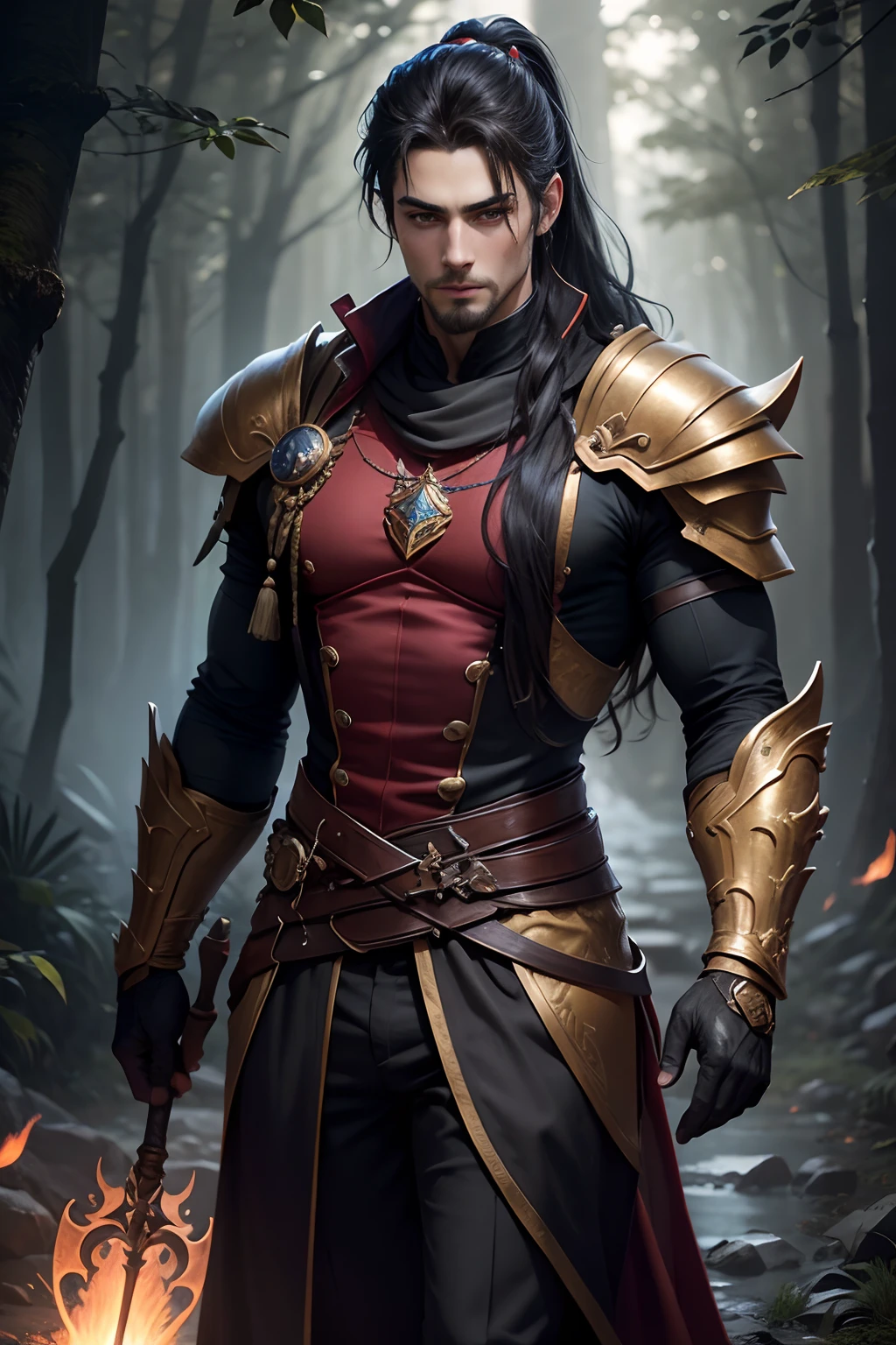 8K,Photorealsitic, Raw photography, top-quality;1.4) ,　(One adult male),　Super handsome without a beard,　(Lifelike face),　long blue-black hair,　Handsome prince with glowing purple eyes,　Black and silver aristocratic exterior,　Black and gold trousers,　Golden decoration,　glares,　holding a staff,　Wearing black leather gloves,　Ruins,　Gwaitz style,　realisitic,　Precise details,　unrealengine,　Beautiful expression,　Details of each part,　A red fireball glows in the palm(effect),　超A high resolution,　A hyper-realistic,　attractive male,　Foot Armor,　real looking skin,　Fantasy Emperor,　Handsome man, wind magic, water magic, forest at night, stars in the sky, messy medium hair with ponytail, goatee,