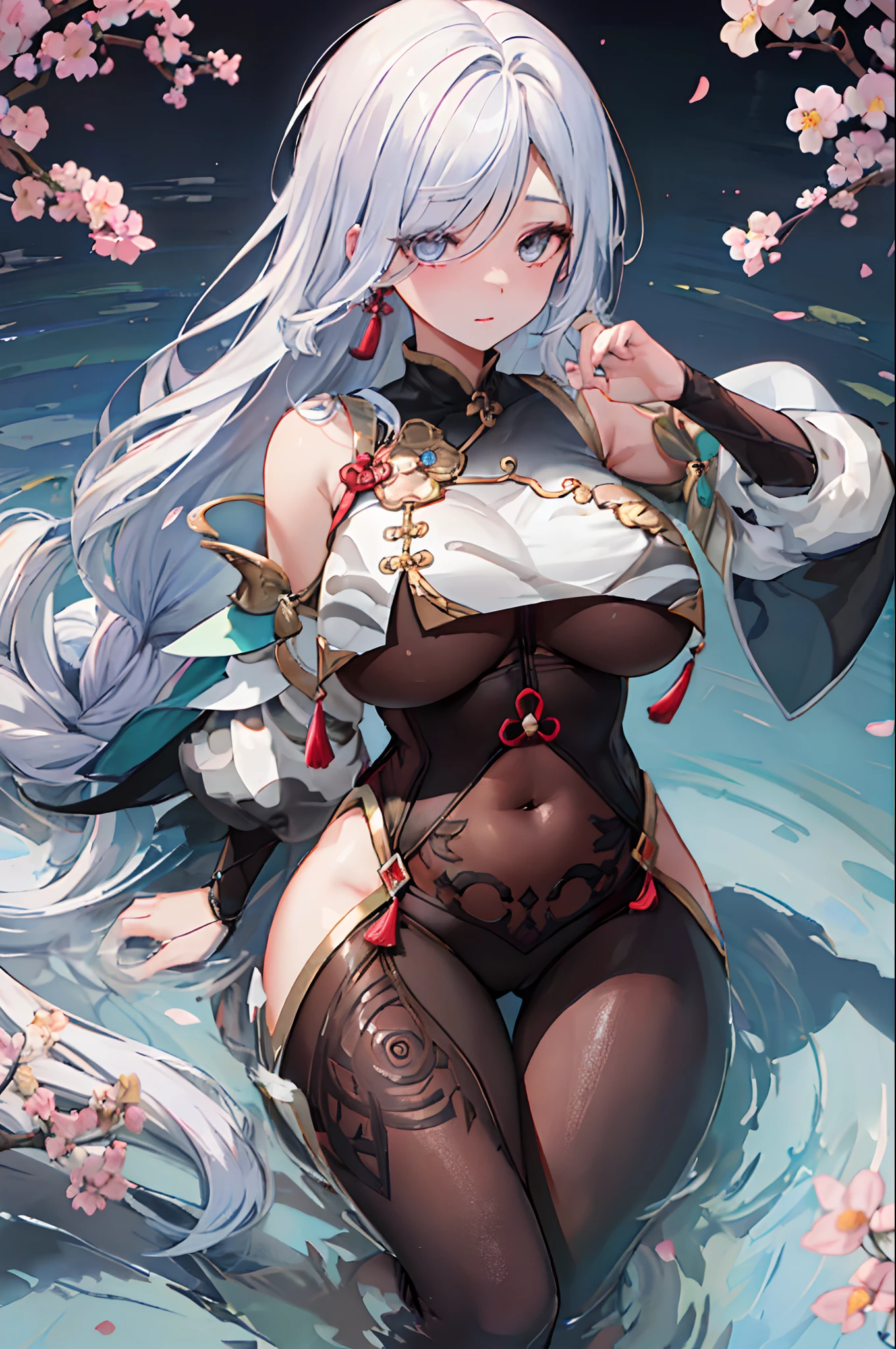 Exquisite ,Masterpiece, illustration, An extremely delicate and beautiful, Extremely detailed ,CG ,Unity ,8K wallpaper, Amazing, finedetail, Masterpiece,Best quality,offcial art,Extremely detailed Cg Unity 8K wallpaper,absurderes, unbelievable Ridiculous, hugefilesize , Ultra-detailed, A high resolution, Extremely detailed,Beautiful detailed girl, Extremely detailed eyes and face, Beautiful detailed eyes,light in face,1girll, (shenhe\Genshin Impact), (Super realistic), (((White hair))), (Single braid), Long hair, (Blue eyes), ((Long bangs that cover one eye)), (((hair on one eye))), (((Bangs cover the right eye))), ((jewelry)), ((Tassel earrings)), (((Describe the arm in detail))), (((super boobs))), ((Big ass)), ((Thighs)), Big long legs, ((Stockings)), ((Plump body)), (Big breasts), ((A plump chest)), (Detailed hair description), (bare shoulders​), ((鎖骨)), ((offshoulder)), (Shiny skin), (Detailed description of the face), (Detailed description of body details), (Fair and translucent skin), Peerless beauty, (Ultimate beauty), (Red lips), (Shy ), ( Smile), , ((cherry blossom)), (falling flower petals), ((Long sleeves)), ((Wide sleeves)), Thin silk, Penetration, ( Japan hot spring), ((Facing the viewer)), ((faces)), , ((any pose)), (Sit in the water and soak)), ((There is a lot of water on the body))