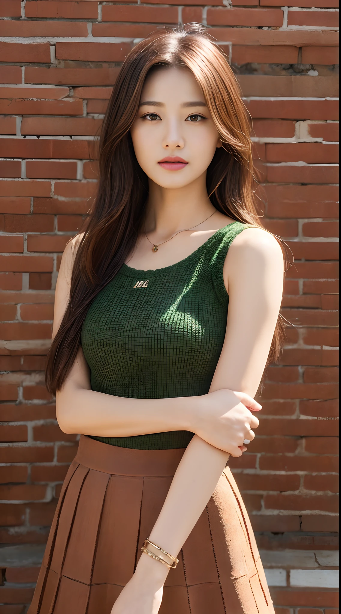 ((Brick wall、Realistic light、top-quality、8K、​masterpiece:1.3))、1girl in、A slight smil、Slim Beauty:1.4、A slender、Model body type、brown haired、Straight hair with highlights、Brown knitted shirt、Dark green long skirt、a necklace、A bracelet、耳Nipple Ring、A detailed eye、zoomout