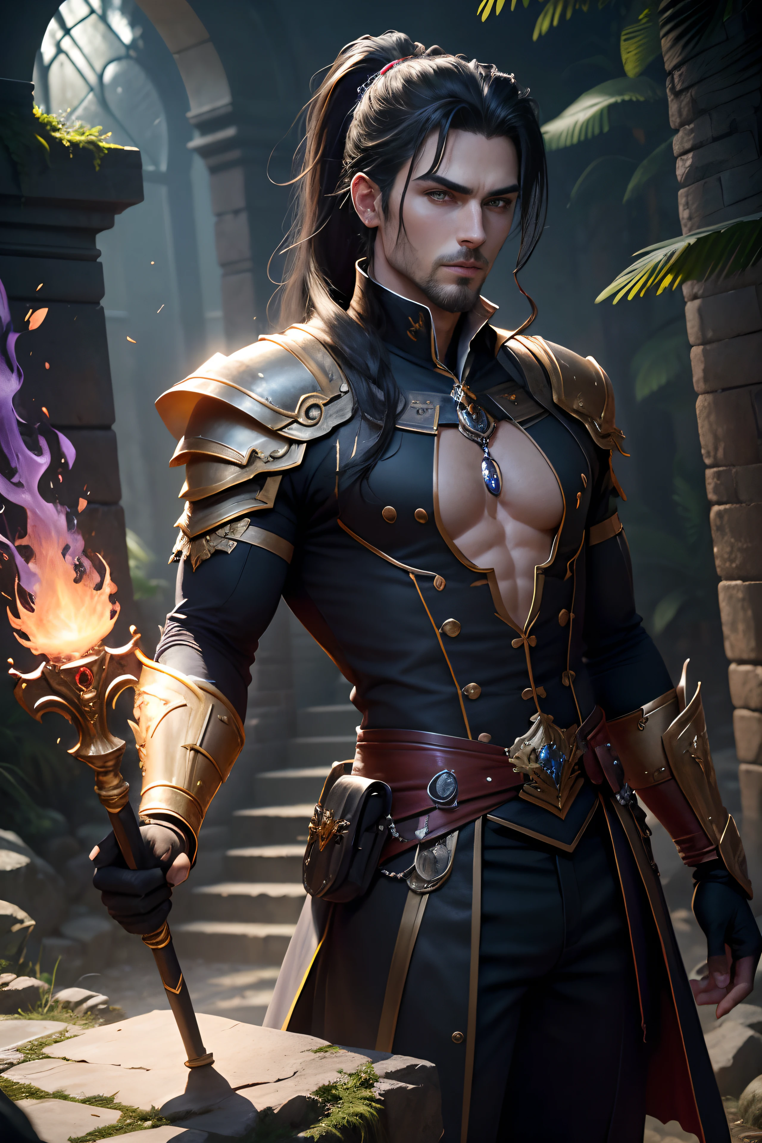 8K,Photorealsitic, Raw photography, top-quality;1.4) , (One adult male), Super handsome without a beard, (Lifelike face), long blue-black hair, Handsome prince with glowing purple eyes, Black and silver aristocratic exterior, Black and gold trousers, Golden decoration, glares, holding a staff, Wearing black leather gloves, Ruins, Gwaitz style, realisitic, Precise details, unrealengine, Beautiful expression, Details of each part, A red fireball glows in the palm(effect), 超A high resolution, A hyper-realistic, attractive male, Foot Armor, real looking skin, Fantasy Emperor, Handsome man, wind magic, water magic, forest at night, stars in the sky, messy medium hair with ponytail, goatee,