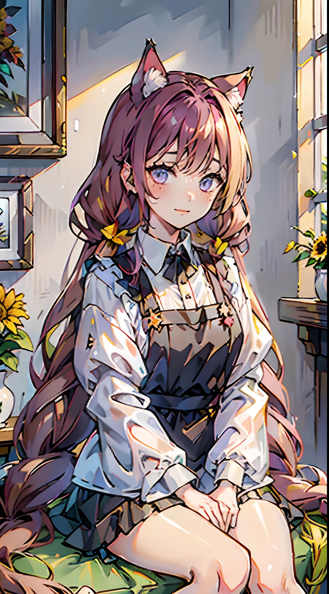 1girl, animal ears, flower, solo, twintails, long hair, cat ears, looking at viewer, long sleeves, dress, smile, purple eyes, window, indoors, animal ear fluff, sitting, bow, sunflower, shirt, white shirt, pinafore dress, black dress, bangs, hair bow, ribbon, blush, plant, potted plant, collared shirt, white pantyhose, very long hair, yellow flower, blonde hair, black bow, closed mouth, vase, hand between legs, curtains, between legs, socks, cat girl, hair ribbon, puffy long sleeves, puffy sleeves kahuka1