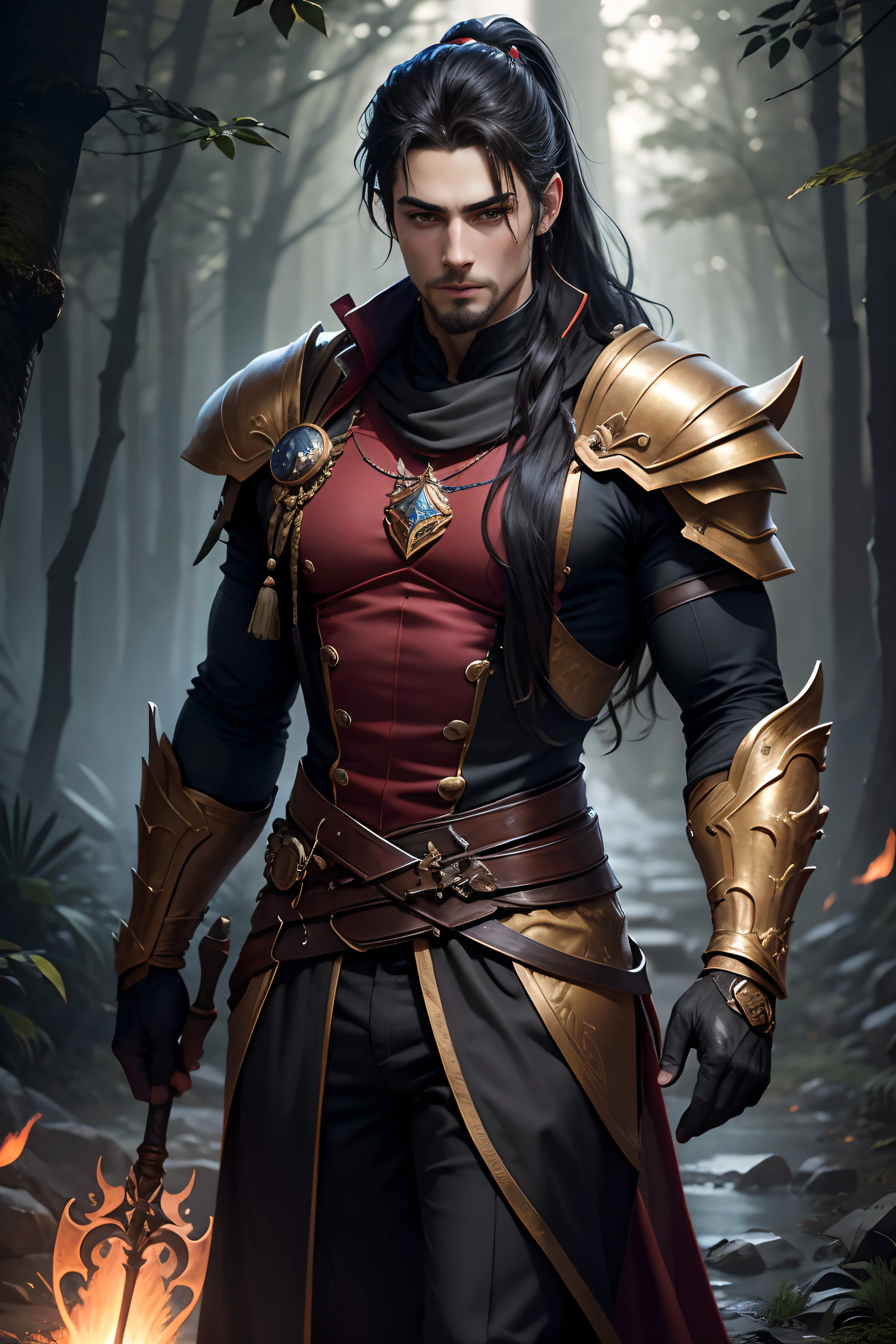 8K,Photorealsitic, Raw photography, top-quality;1.4) ,　(One adult male),　Super handsome without a beard,　(Lifelike face),　long blue-black hair,　Handsome prince with glowing purple eyes,　Black and silver aristocratic exterior,　Black and gold trousers,　Golden decoration,　glares,　holding a staff,　Wearing black leather gloves,　Ruins,　Gwaitz style,　realisitic,　Precise details,　unrealengine,　Beautiful expression,　Details of each part,　A red fireball glows in the palm(effect),　超A high resolution,　A hyper-realistic,　attractive male,　Foot Armor,　real looking skin,　Fantasy Emperor,　Handsome man, wind magic, water magic, forest at night, stars in the sky, messy medium hair with ponytail, goatee,