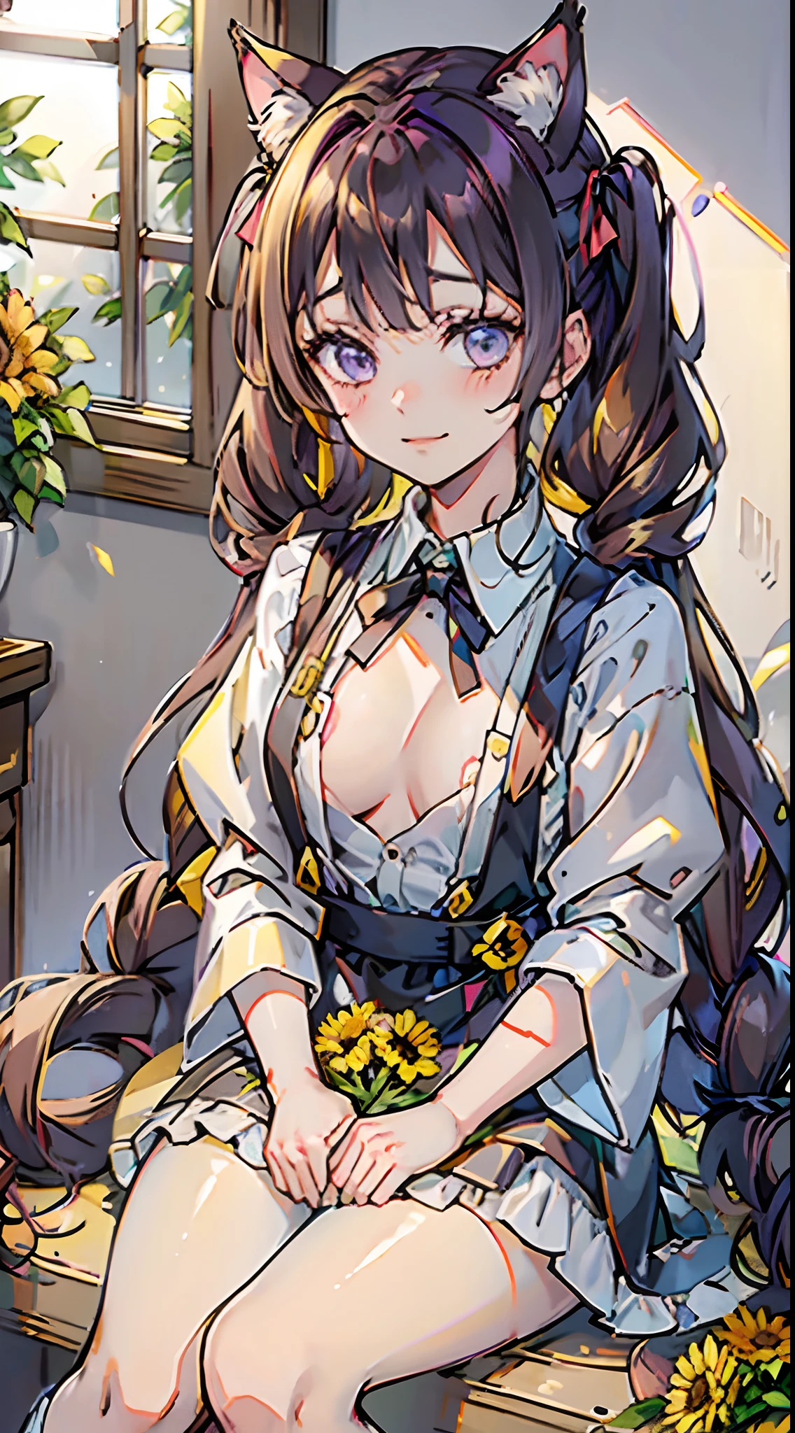 1girl, animal ears, flower, solo, twintails, long hair, cat ears, looking at viewer, long sleeves, dress, smile, purple eyes, window, indoors, animal ear fluff, sitting, bow, sunflower, shirt, white shirt, pinafore dress, black dress, bangs, hair bow, ribbon, blush, plant, potted plant, collared shirt, white pantyhose, very long hair, yellow flower, blonde hair, black bow, closed mouth, vase, hand between legs, curtains, between legs, socks, cat girl, hair ribbon, puffy long sleeves, puffy sleeves kahuka1