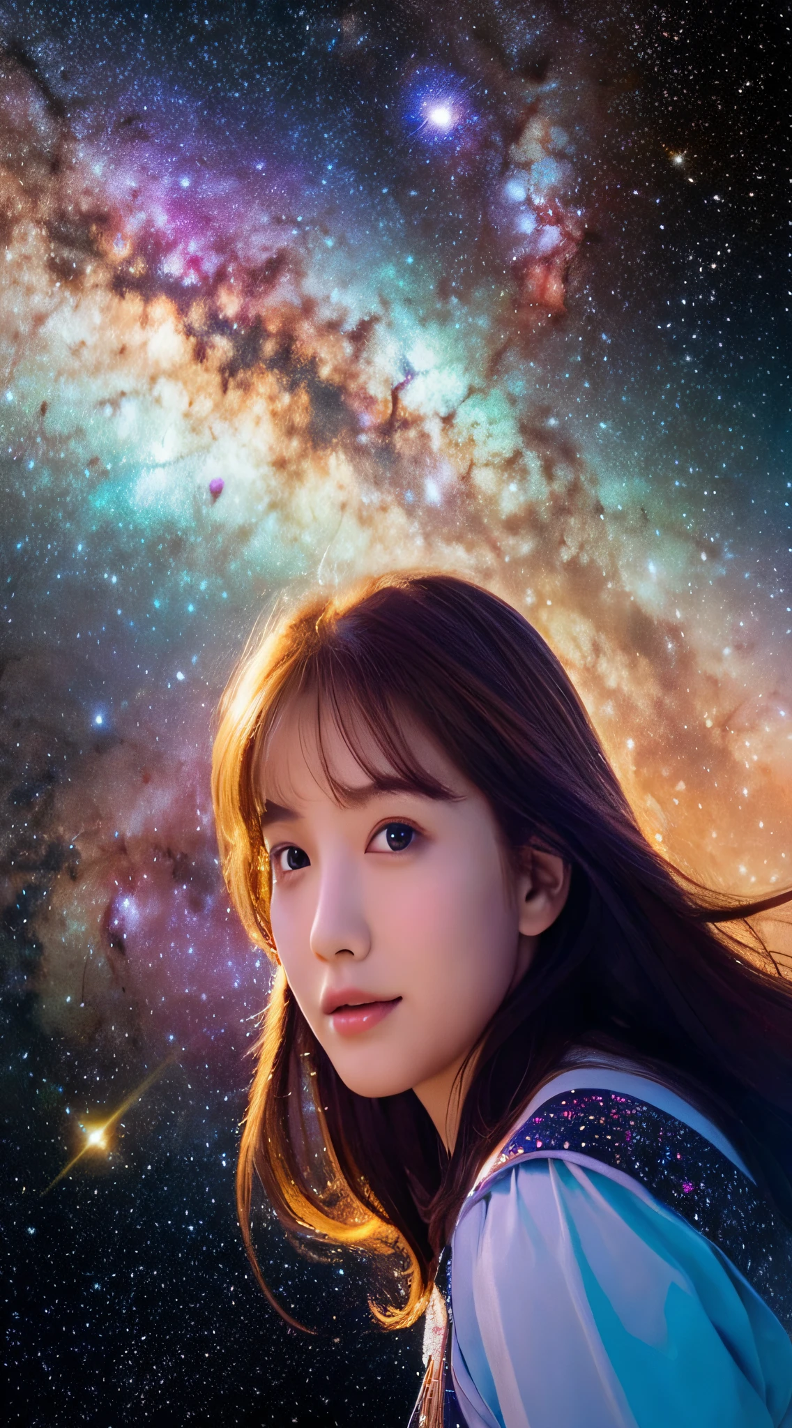 high detailing, Super Detail, 超A high resolution, Girl enjoying time in the galaxy of dreams, surrounded by stars, Warm light sprinkled on her, Starry sky with colorful galaxies and galactic clouds in the background, Stars flying around her, Delicate face, Add a playful atmosphere , --V6