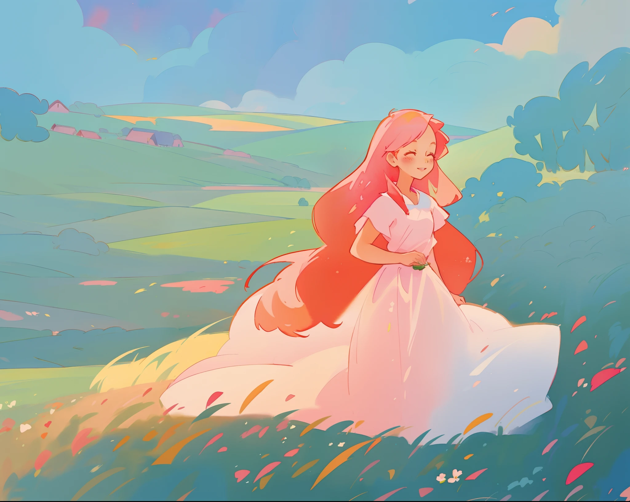 beautiful girl in white flowing dress, long flowing red pink gold hair, wide open field meadow background, watercolor illustration, disney art style, beautiful digital illustration, fantasia otherworldly landscape plants flowers, beautiful, masterpiece, best quality, anime disney style