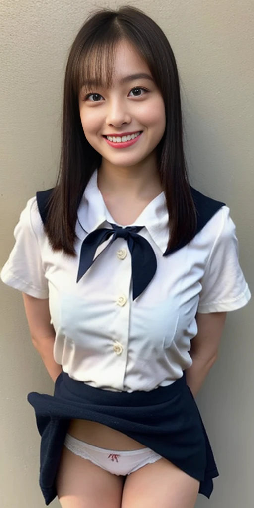 Neat and clean girl、Outside the field、(Slimed)、Photorealsitic、detaileds, Skin Texture, ultra-detailliert、Delicate and sexy collarbone、A smile、Super Detailed Face、Detailed lips、A detailed eye、large full breasts、Big breasts、large boob、Big、huge-breasted、Chest emphasis、Bright face、((is standing、Schoolgirl Uniform、White panties are visible from the skirt、Sheer white shirt、Navy blue ribbon at the collar、Dark blue pleated micro mini、slightly lift the hem of the skirt with both hands,))The shape of the pubic area is clear