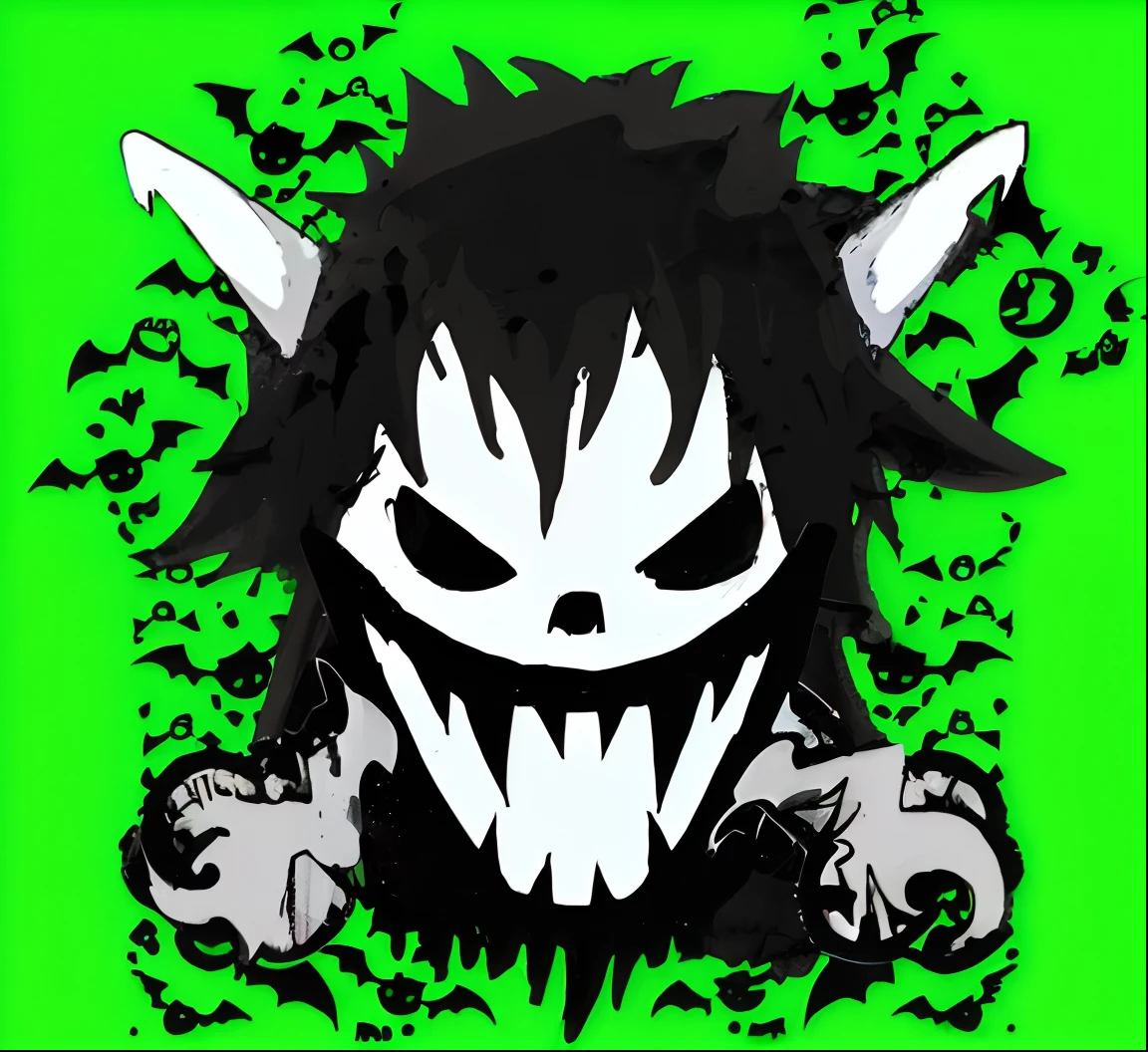 a close up of a cartoon monster with a green background, is evil gremlin, ghoul, overlord!!!, reaper of night!!!!, the reaper as a scary, white scary skin, venomfang, fangs and slime, ghastly, shinigami, [[[[grinning evily]]]], scarry, ((monster)), demonic monster, cartoon drawing of a girl with a hairdo and a box, , ((skull)), [[[[grinning evily]]]], extreme long hair, [ digital art ]!!, poison dripping, one piece style, raining!!, died hair, clean cel shaded, from one piece, one piece artstyle, his head is a skull