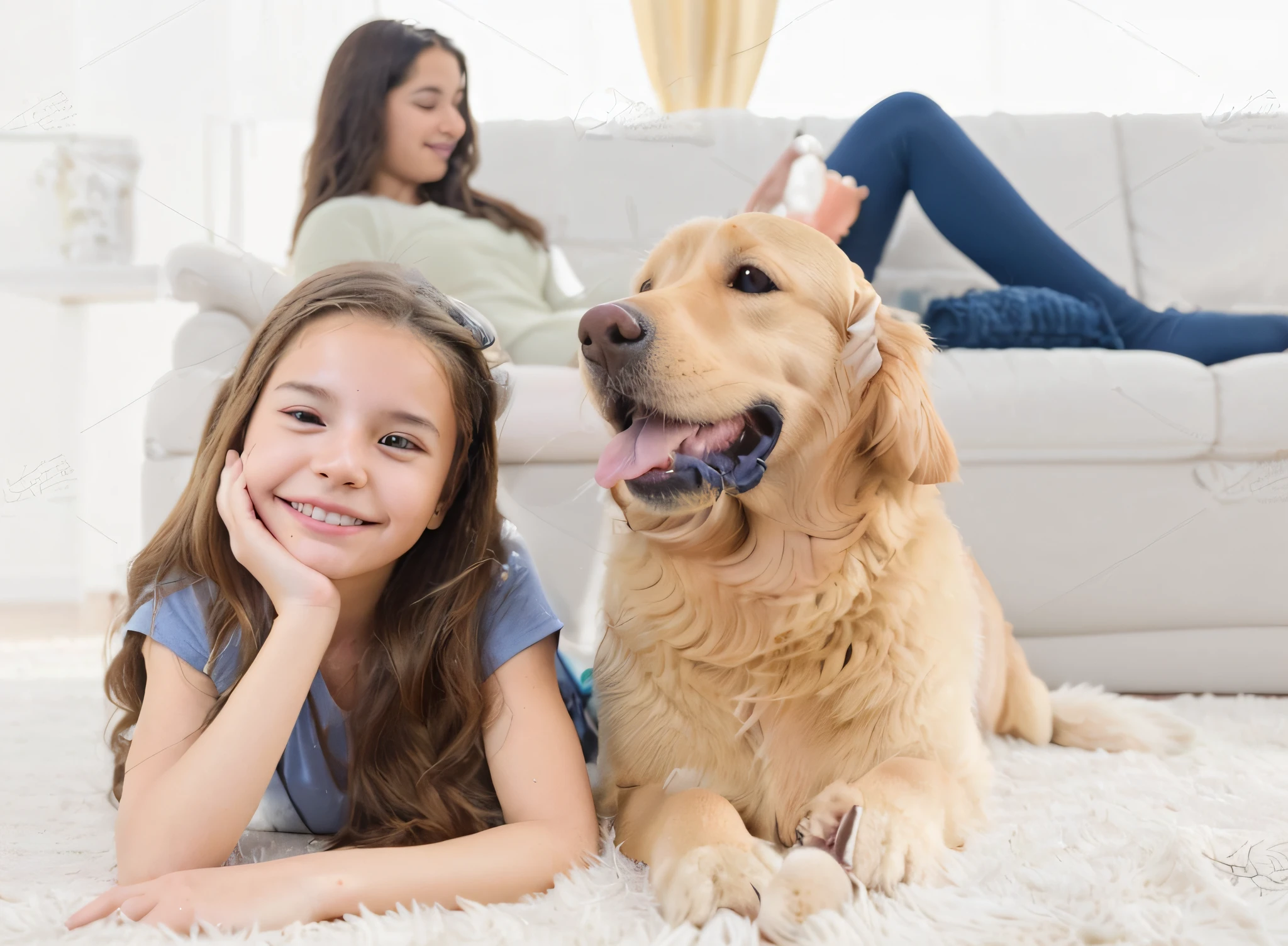 Alafi lies on the floor with a girl and a dog, pet animal, Golden Retriever, adult dog, doggy, with dogs, a Dog, Happy family, high quality portrait, happy dog, pets, Realistic picture, Cute dog, very clear picture, taken in 2 0 2 0, Handsome girl, true realistic image, F 2.5, Good young girl