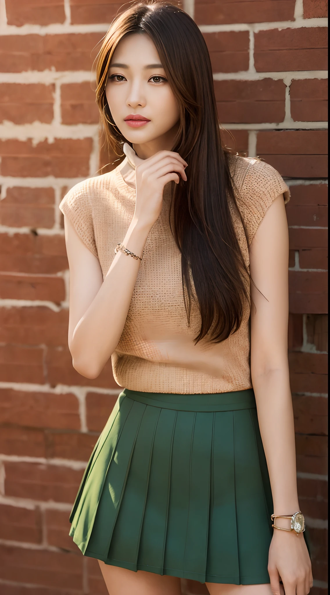 ((Brick wall、Realistic light、top-quality、8K、​masterpiece:1.3))、1girl in、A slight smil、Slim Beauty:1.4、A slender、Model body type、brown haired、Straight hair with highlights、Brown knitted shirt、Dark green long skirt、a necklace、A bracelet、耳Nipple Ring、A detailed eye、zoomout