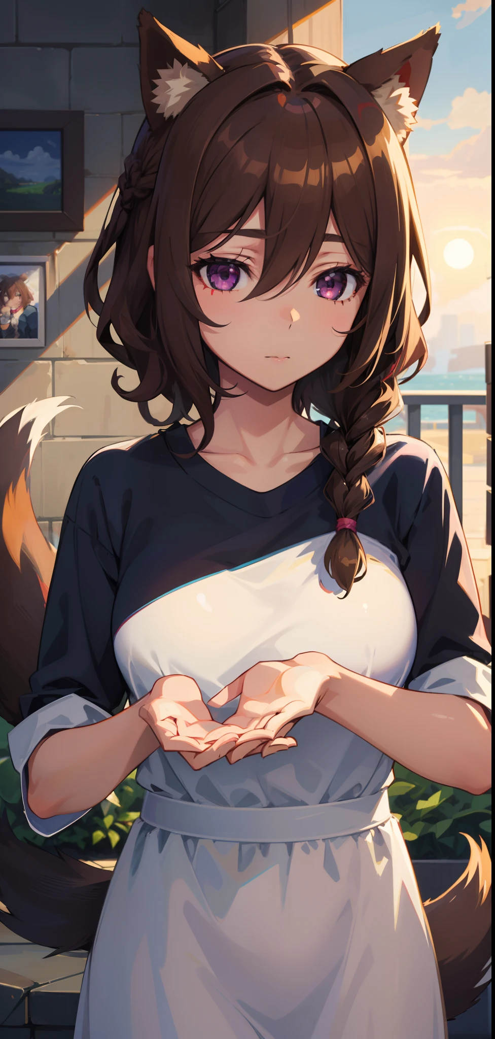 1girl, solo, (masterpiece, best quality:1.4), extremely detailed face, perfect lighting, nice hands, perfect hands, naaza erisuis, naazadef, hair between eyes, dog ears, dog tail, dog girl, brown hair, short hair, braid curly hair, purple eyes, in frame, centered.