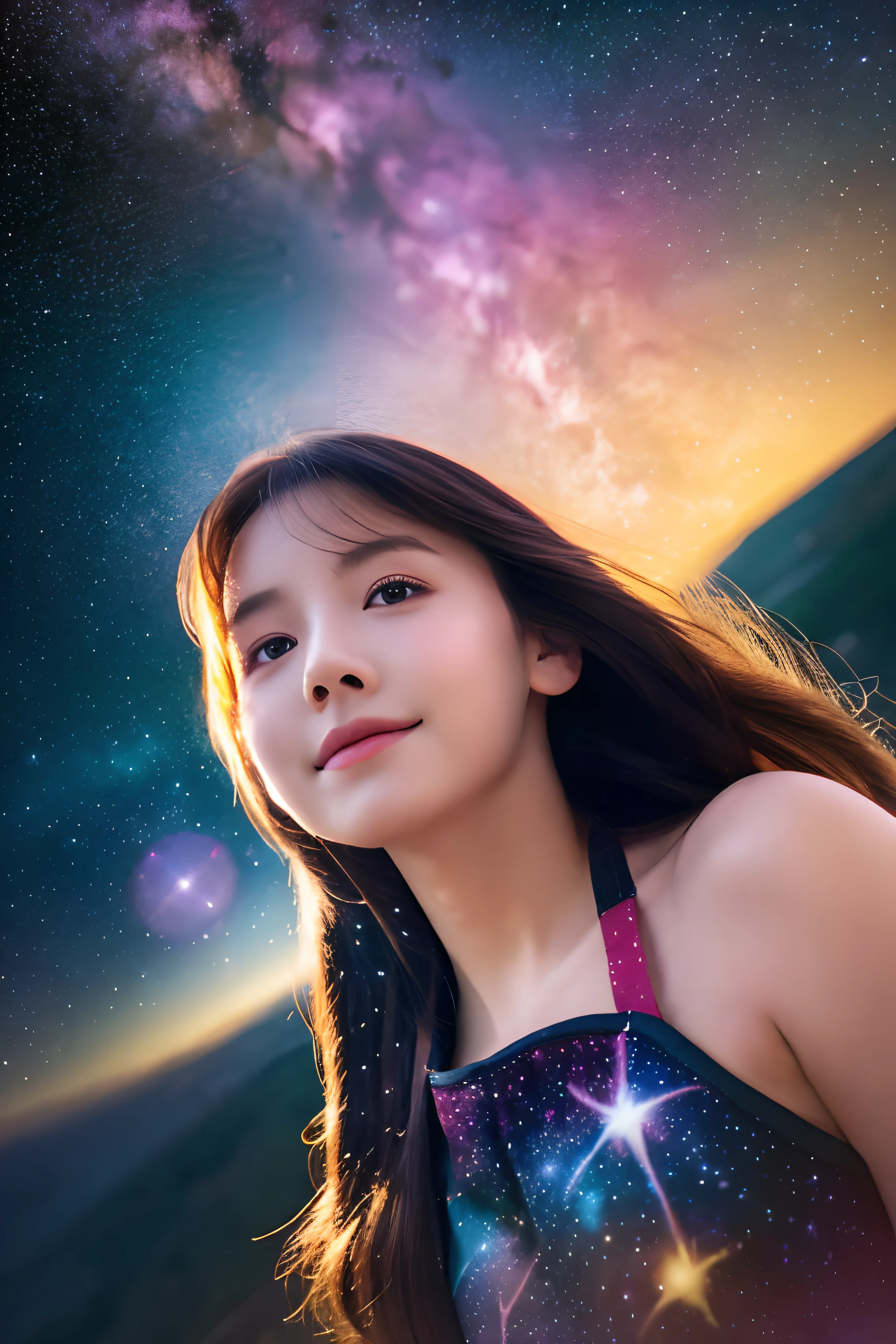 high detailing, Super Detail, 超A high resolution, Girl enjoying her time in the galaxy of dreams, surrounded by stars, Warm light sprinkled on her, Starry sky with colorful galaxy and galactic clouds in the background, Stars flying around her, Delicate face, Add a playful atmosphere , --V6