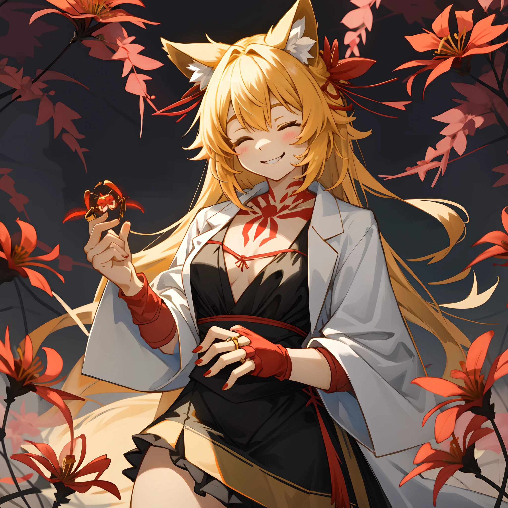 highres, top quality, best quality, paid reward available, High-quality illustrations, unparalleled masterpiece, perfect artwork, absurdres, kemono, smiling subtly with her eyes closed, holding a cluster of red spider lilies in both hands, which are positioned at chest level, She is wearing a simple ring on the ring finger of her left hand, The background is a soft, unfocused spread of red spider lilies,
