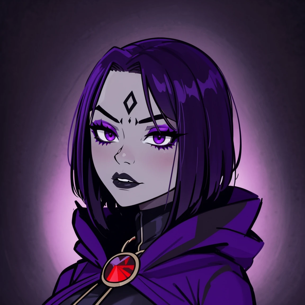Raven, titans, hooded, goth girl, autumn forest background, detailed, detailed, detailed, beautiful, detail, goth girl, masterpiece, purple clothes, red jewel centre head, dark night background, gothic, goth, goth, detailed, goth girl, piercings, detailed face, looking viewer, raven, (Dark eye shadow) dark eye shadow, black eye shadow, incasewestern artstylesemi-realistic facial structurepainterly style