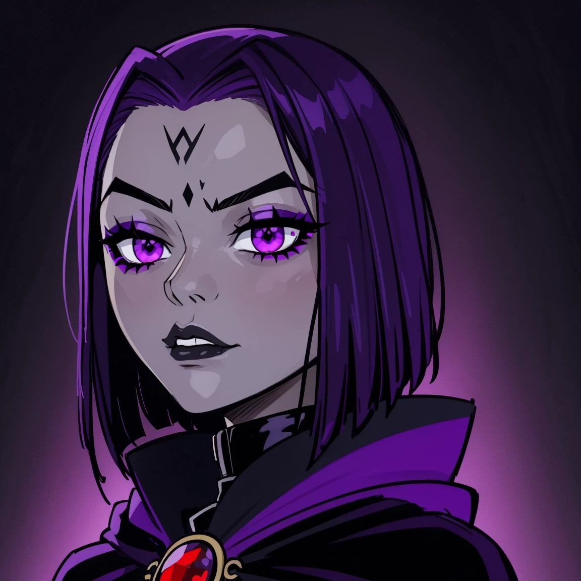 Raven, titans, hooded, goth girl, autumn forest background, detailed, detailed, detailed, beautiful, detail, goth girl, masterpiece, purple clothes, red jewel centre head, dark night background, gothic, goth, goth, detailed, goth girl, piercings, detailed face, looking viewer, raven, (Dark eye shadow) dark eye shadow, black eye shadow,