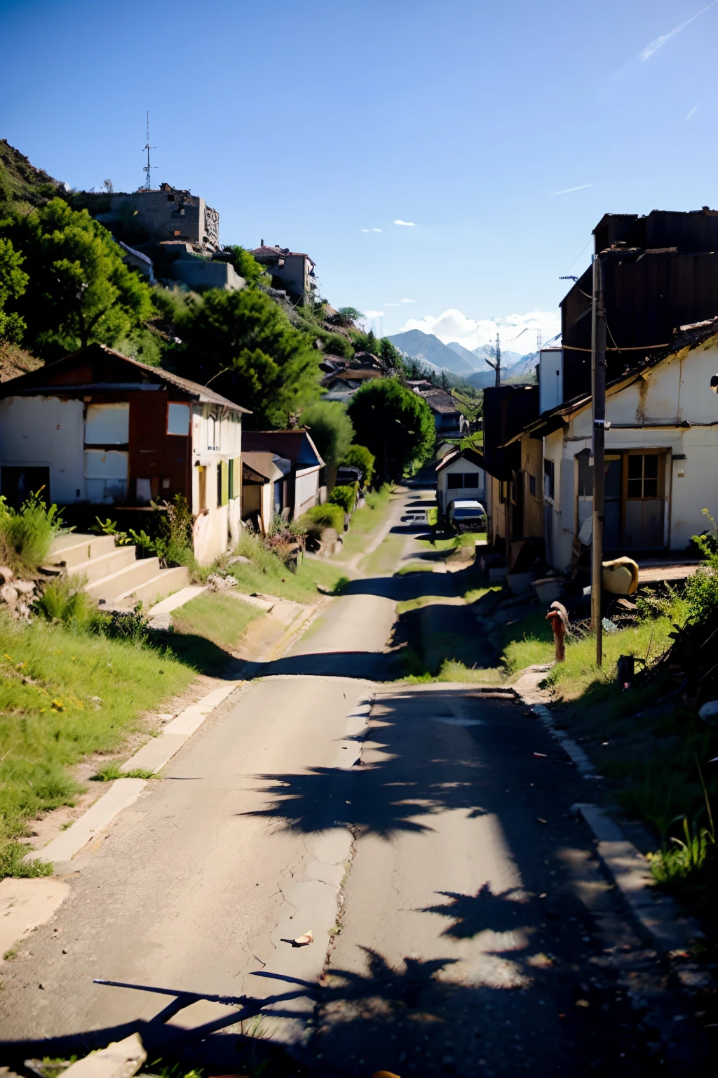 little abandoned town in the middle of the valley, in the afternoon, two persons walking