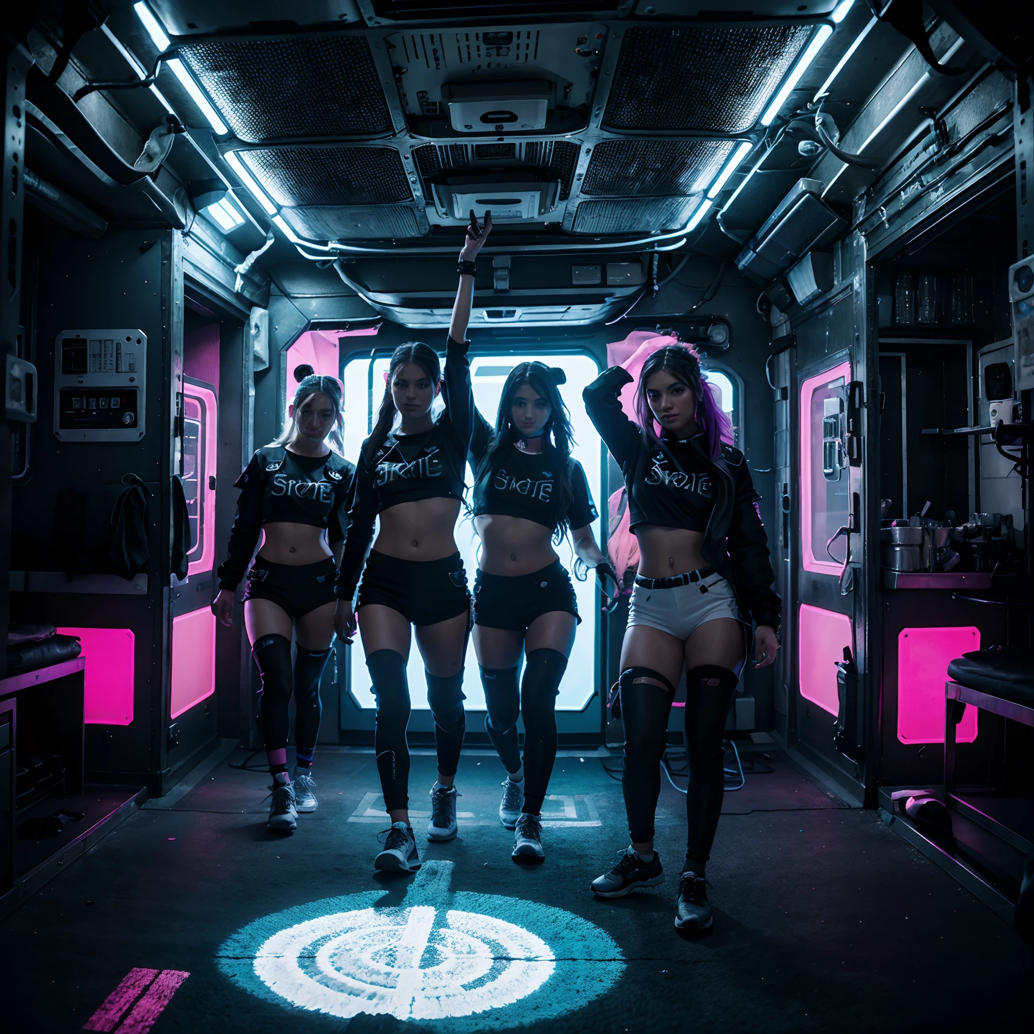 Space station crew members, futuristic scifi interior, clean sterile interior, crew members in foreground: 1.4, rave apparel:1.6, rave atendee style crew uniform: 0.8, scene hairstyle: 1.2, rave makeup: 1.4, rave clothing, rave with hundreds of crew: 1.6, large rave: 1.3, small stage, bright neon, blacklight washed aesthetic: 1