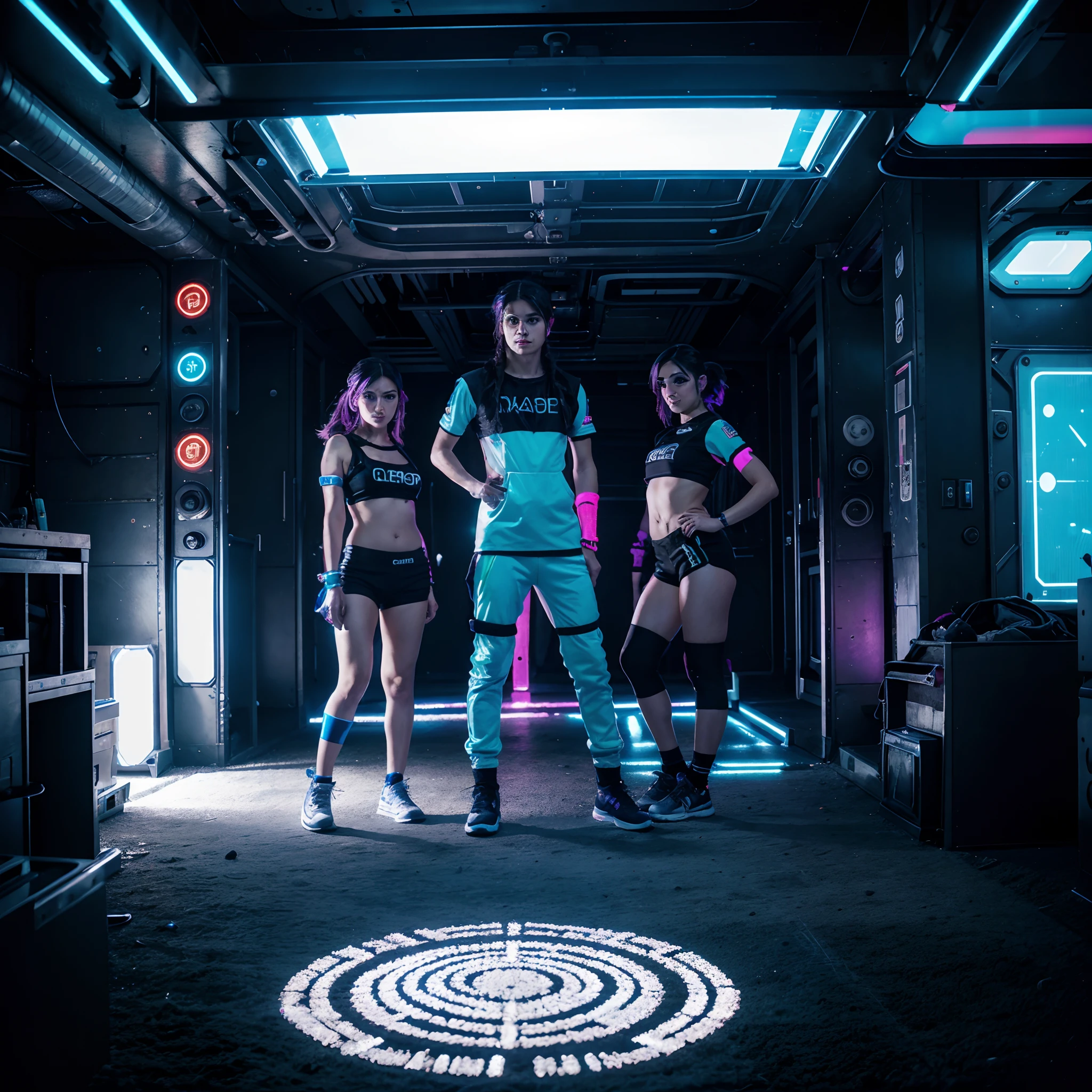 Space station crew members, futuristic scifi interior, clean sterile interior:0.6, raging party: 1.4, crew members in foreground: 1.4, rave apparel:1.6, rave atendee style crew uniform: 0.8, scene hairstyle: 1.2, rave makeup: 1.4, rave clothing, rave with hundreds of crew: 1.6, large rave: 1.3, small stage, bright neon, blacklight washed aesthetic: 1.4, blacklight illumination: 1.8, lots of crew: 1.8, clothes glow under blacklight,