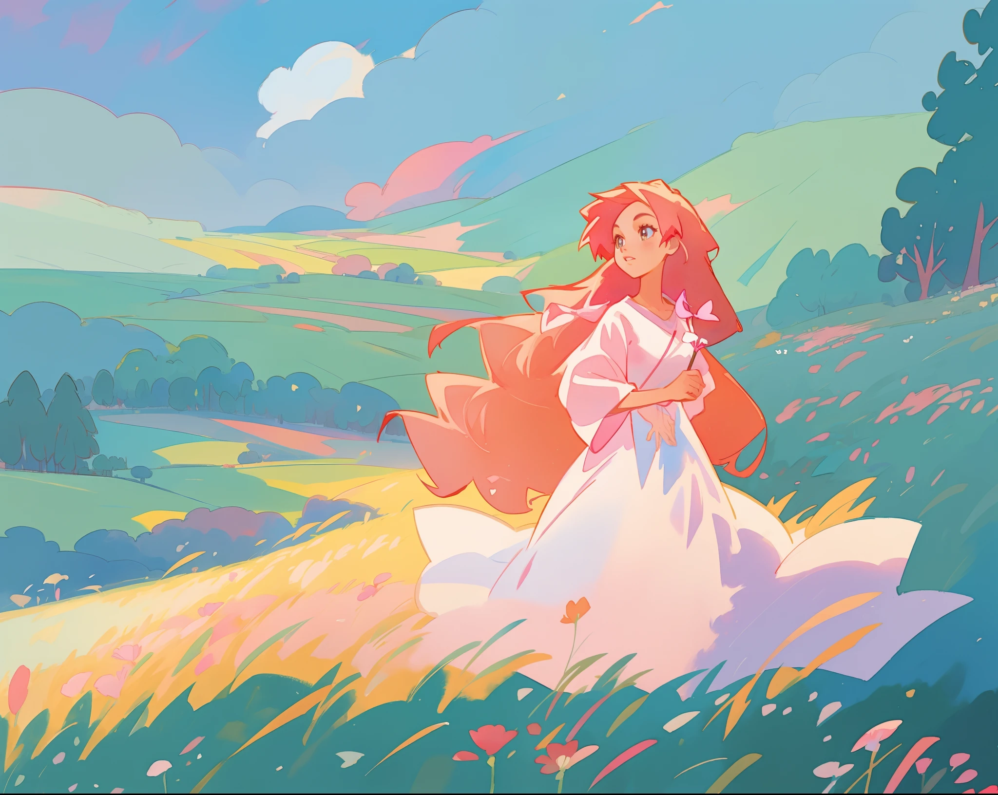 beautiful girl in white flowing dress, long flowing red pink gold hair, wide open field meadow background, watercolor illustration, disney art style, beautiful digital illustration, fantasia otherworldly landscape plants flowers, beautiful, masterpiece, best quality, anime disney style