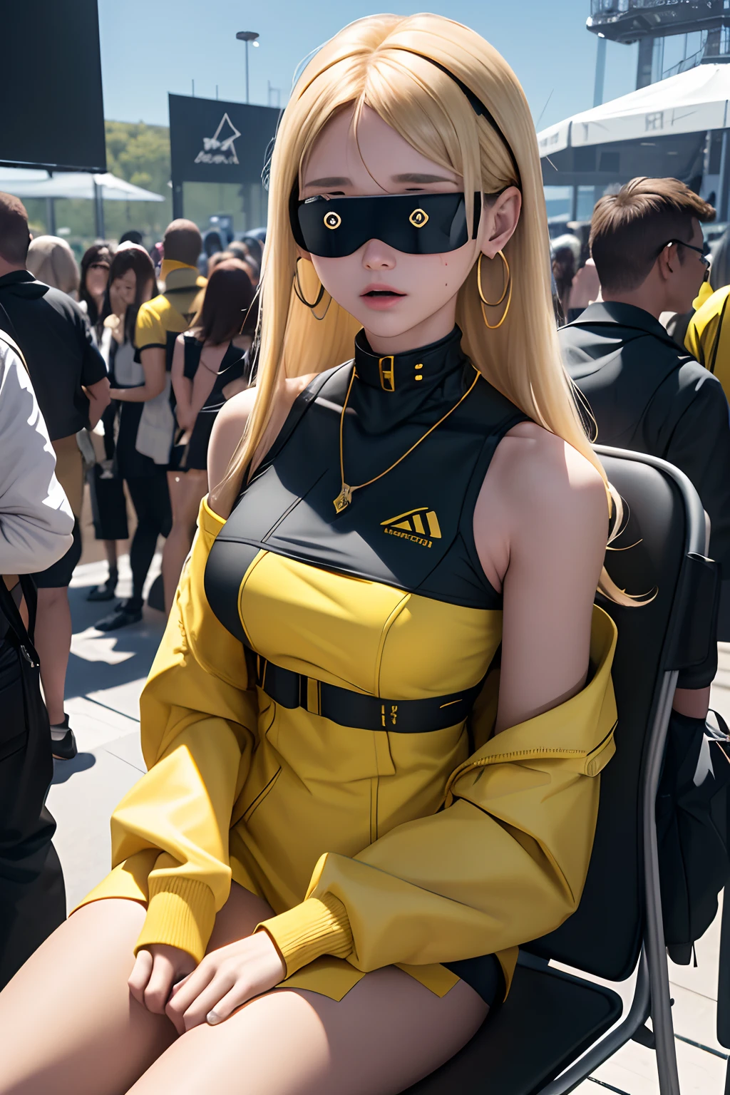 best quality, highres, solo, blonde hair, a female character is wearing a yellow and black colored outfit with a backpack and a yellow vest, dark black and yellow, sports leisure, blue eyes, long hair, hoop earrings, black ray ban sunglasses, chunky cuban link jewelry, medium breasts, she is standing in front of a crowd in daylight, pigeoncore, neo-dadaist, mechanized precision, audience member, in crowd spectator sitting in a foldable chair at a open air tech conference taking place in daytime, in the style of mecha sci-fi anime