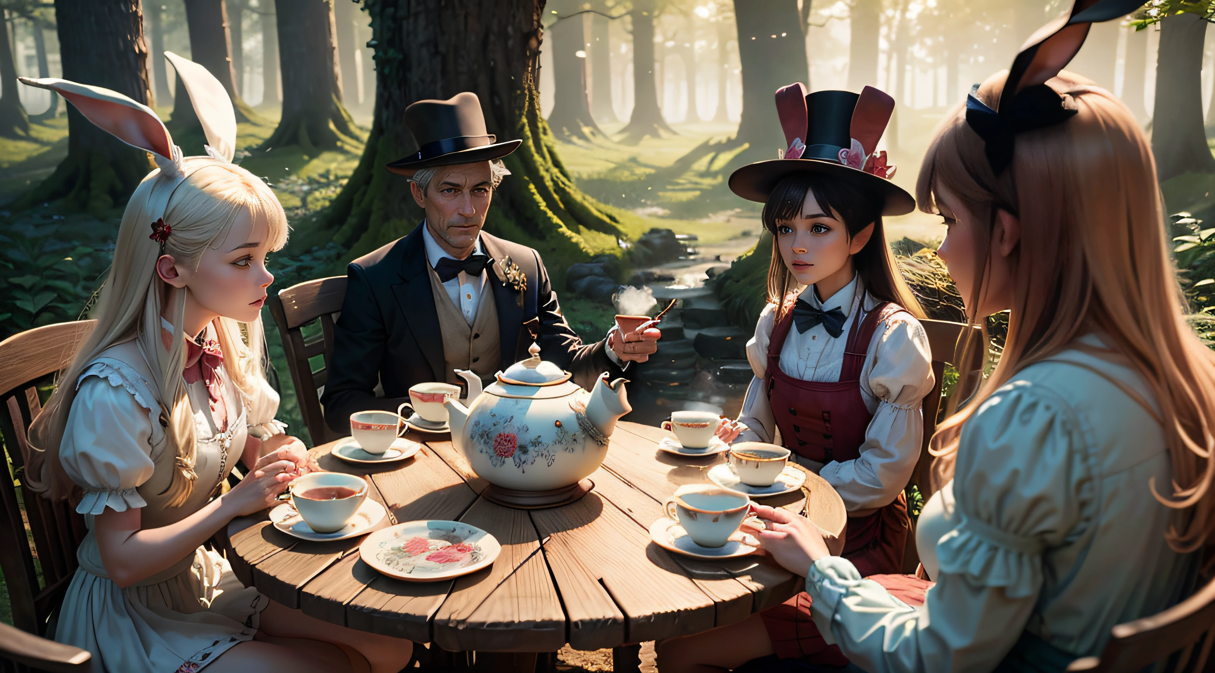 Alice, the mad hatter, the blan rabbit and the loir take a hot tea around a table, in the forest. delicate porcelain tea cup, tea aroma, gentle steam rising, infused to perfection, stirring spoon, sugar cubes, delicate teapot, meticulously painted ceramics, exquisite craftsmanship, realistic representation of liquid, subtle reflections of light, sublime details, captivating work.