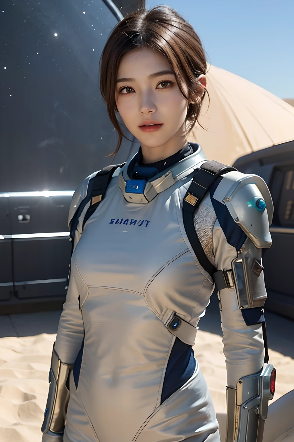 top-quality、masterpiece、超A high resolution、(realisitic:1.4)、Beautuful Women1、Beautiful detail eyes and skin、ssmile、Light brown short-cut hair、The perfect spacesuit、spaceships、cosmic space、Sand Planet、weak sunshine、