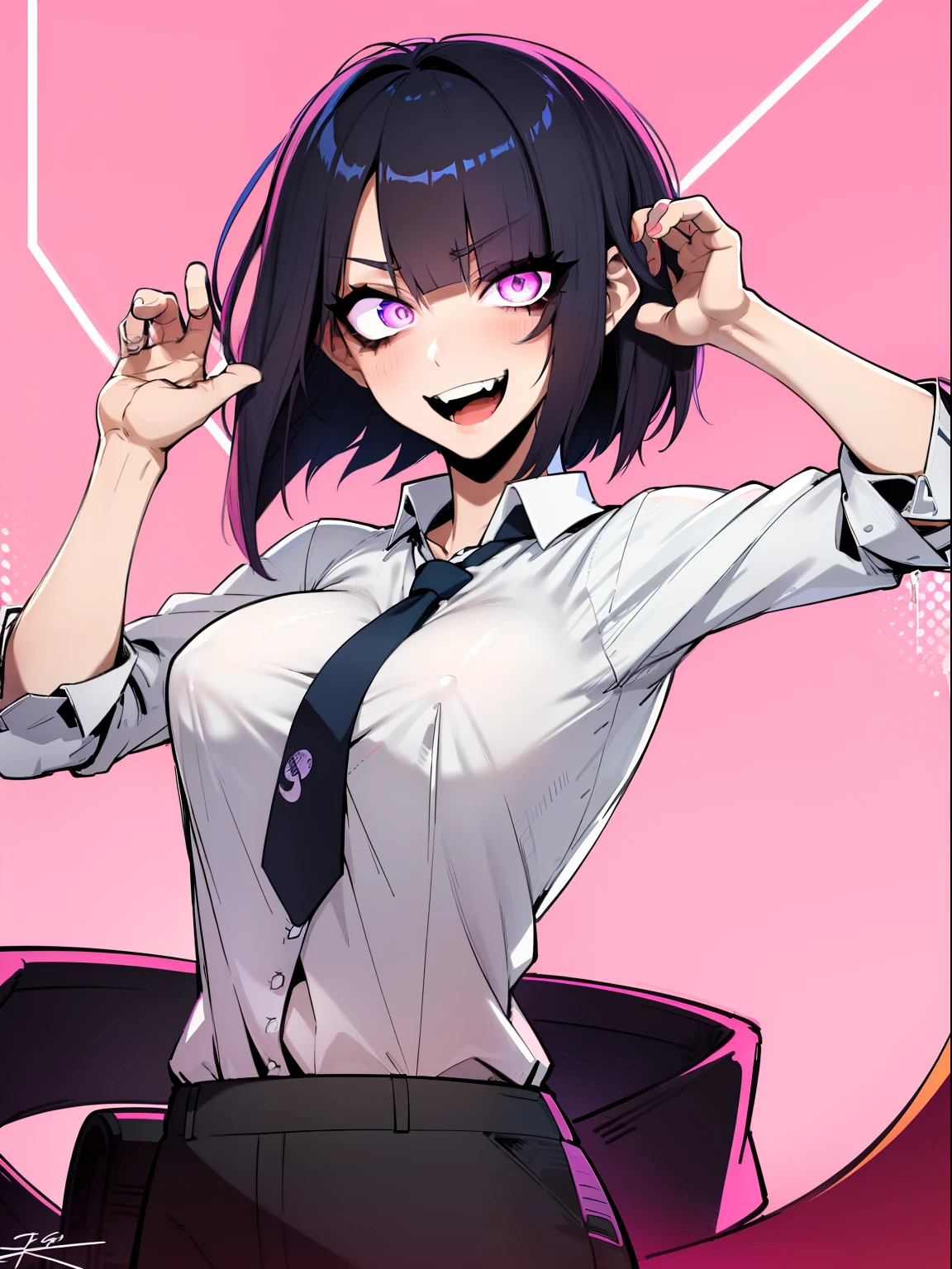 jk, 2d art, 2d render, splash art, illustration, digital art, hard shading, 1girl, bangs, pink short hair, glowing, glowing eye, gradient background, looking at viewer, necktie, red background, ringed eyes, shaded face, shirt, smile, solo, teeth, upper body, upper teeth only, white shirt, pink eyes, incredibly absurdres, best quality