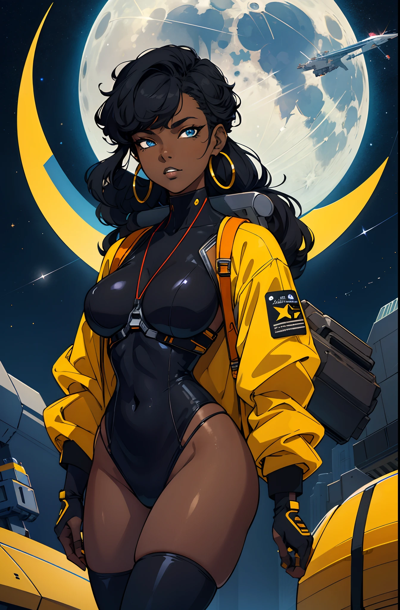 best quality, highres, solo, deep ebony 1girl, beautiful face, freely hanging braids, black lips, a female character is wearing a yellow and black colored outfit with a backpack and a yellow jacket, dark black and yellow, sports leisure, blue eyes, long hair, hoop earrings, cybernetically enhanced, chunky cuban link jewelry, medium breasts, she is standing in front of a moon base with spaceships, satellites and moon rovers, starry night sky, pigeoncore, neo-dadaist, Asuka Langley, neon genesis EVA suit, mechanized precision, space crew member, she holds an important position, in crowd spectator at a tech conference in the style of mecha sci-fi anime