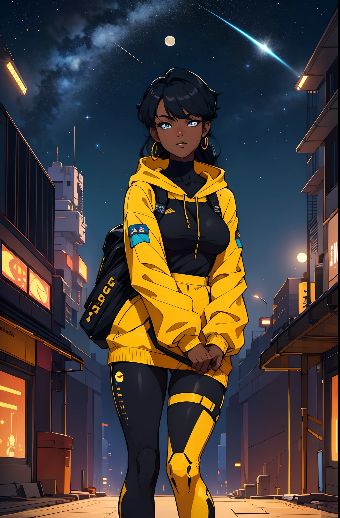 best quality, highres, solo, deep ebony 1girl, beautiful face, black lips, a female character is wearing a yellow and black colored outfit with a backpack and a yellow hoody jacket, dark black and yellow, sports leisure, blue eyes, long hair, dangling earrings, cybernetically enhanced, chunky cuban link jewelry, medium breasts, she is standing in front of a moon base with spaceships, satellites and moon rovers, starry night sky, pigeoncore, neo-dadaist, Asuka Langley, neon genesis EVA suit, mechanized precision, space crew member, she holds an important position, in crowd spectator at a tech conference in the style of mecha sci-fi anime