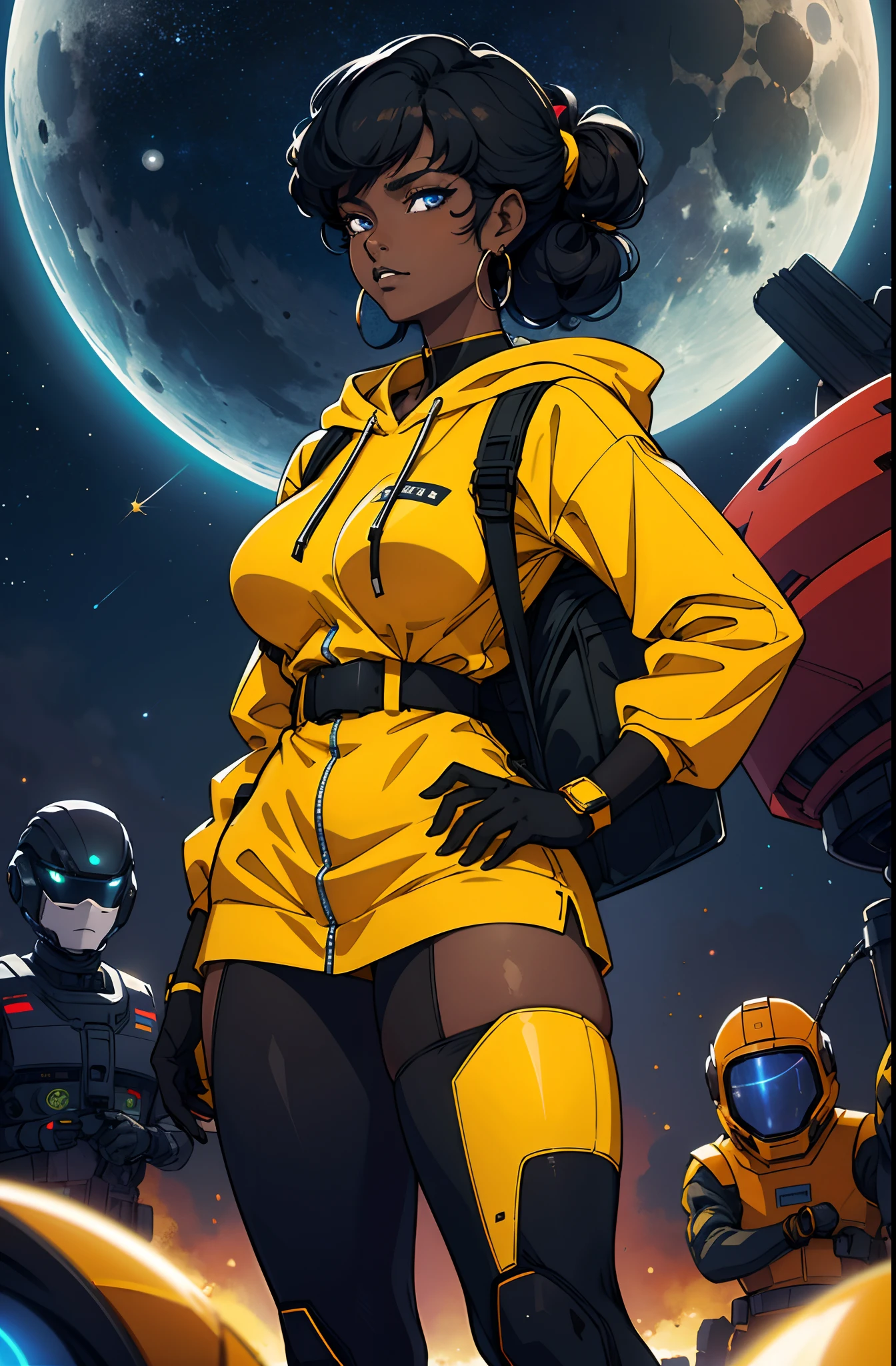 best quality, highres, solo, deep ebony 1girl, beautiful face, black lips, a female character is wearing a yellow and black colored outfit with a backpack and a yellow hoody jacket, dark black and yellow, sports leisure, green eyes, long hair, dangling earrings, cybernetically enhanced, chunky cuban link jewelry, medium breasts, she is standing in front of a moon base with spaceships, satellites and moon rovers, starry night sky, pigeoncore, neo-dadaist, Asuka Langley, neon genesis EVA suit, mechanized precision, space crew member, she holds an important position, in crowd spectator at a tech conference in the style of mecha sci-fi anime