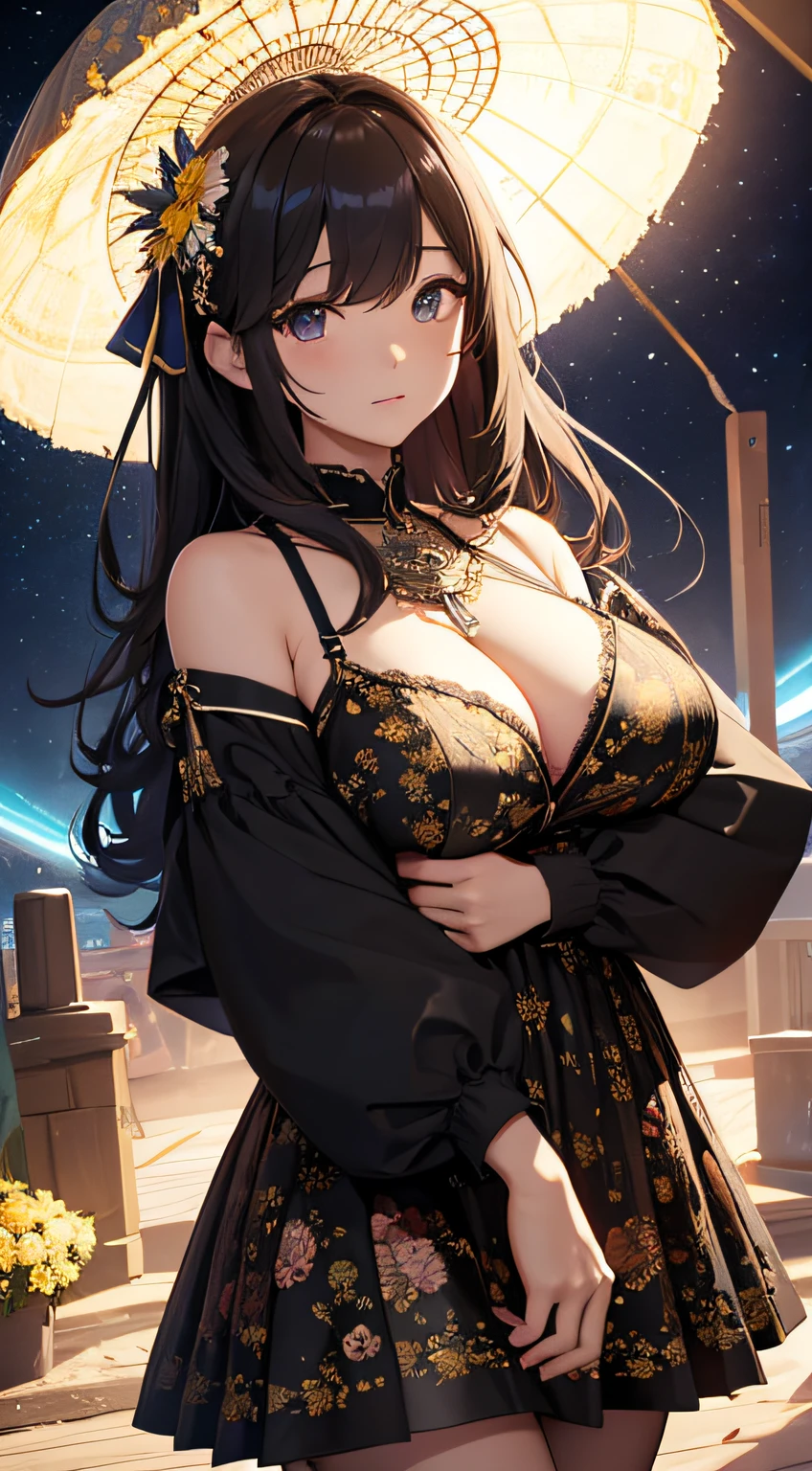 masterpiece、Background with((kosmos、meteors、black hole、Flower garden with luminescent flowers))、About 30 years old、a beauty girl、glamor、huge tit、It's so big that it almost overflows from your clothes、Great embroidery on a yellow mini dress with slits、No Shoulder、Exposing the chest、hair adornments、heavy wind、pantiy、I can see a little