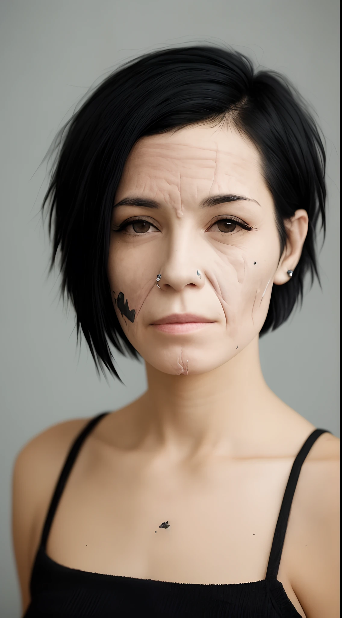 Woman with short black hair and scars on her face