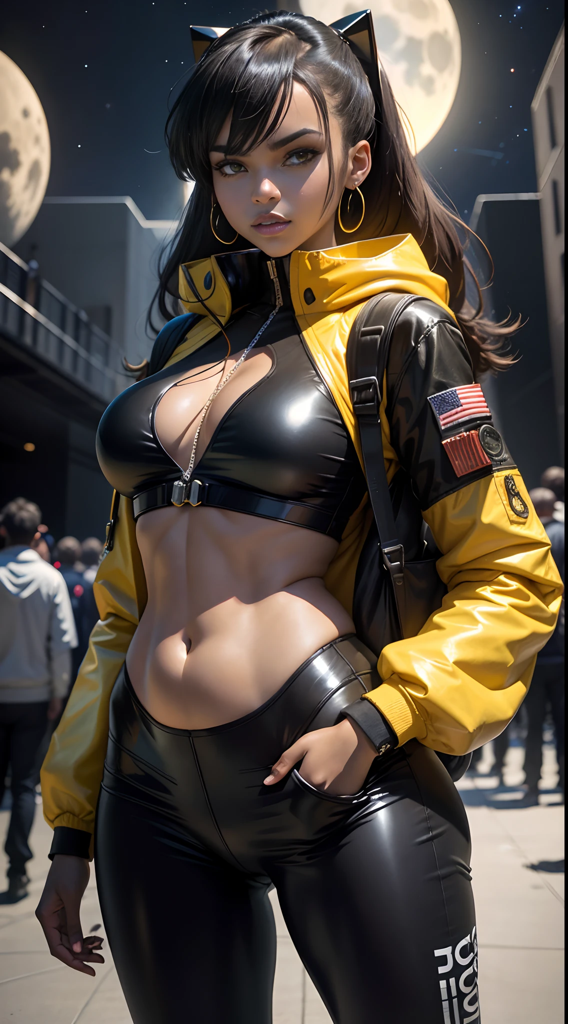 best quality, highres, solo, deep ebony 1girl, beautiful face, black lips, a female character is wearing a yellow and black colored outfit with a backpack and a yellow hoody jacket, dark black and yellow, sports leisure, green eyes, long hair, dangling earrings, cybernetically enhanced, chunky cuban link jewelry, medium breasts, she is standing in front of a moon base with spaceships, satellites and moon rovers, starry night sky, pigeoncore, neo-dadaist, Asuka Langley, neon genesis EVA suit, mechanized precision, space crew member, she holds an important position, in crowd spectator at a tech conference in the style of mecha sci-fi anime