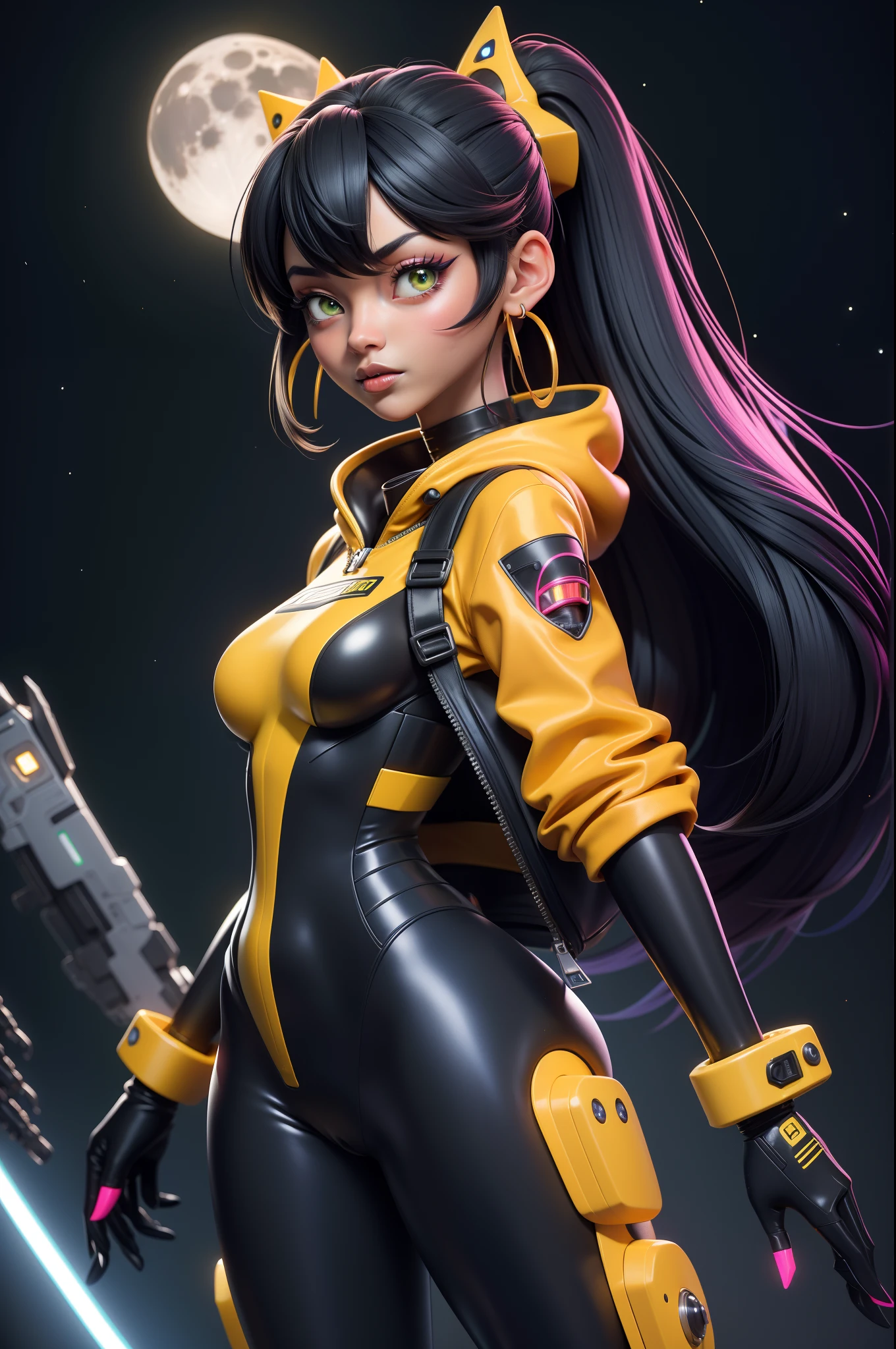 best quality, highres, solo, deep ebony 1girl, beautiful face, black lips, a female character is wearing a yellow and black colored outfit with a backpack and a yellow hoody jacket, dark black and yellow, sports leisure, green eyes, long hair, dangling earrings, cybernetically enhanced, chunky cuban link jewelry, medium breasts, she is standing in front of a moon base with spaceships, satellites and moon rovers, starry night sky, pigeoncore, neo-dadaist, Asuka Langley, neon genesis EVA suit, mechanized precision, space crew member, she holds an important position, in crowd spectator at a tech conference in the style of mecha sci-fi anime