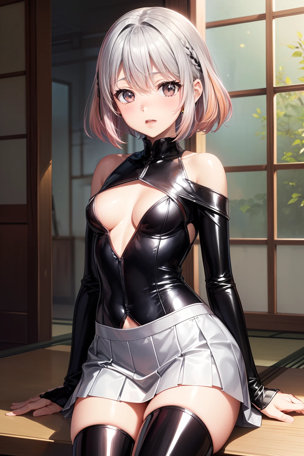 Anime, Sexy, ((The costume is made of metal:1.5)), ((In Kyoto Animation Style:1.5)), super precision, masterpiece, very extremely beautiful, Princess Face, ((1人の女性)), ((Solo:1.5)), ((Pink hair:1.5)), ((BobKat 1.5)), BREAK, ((Black eyes)), Short hair, ((Straight hair)), BREAK, ((The costume is silver:1.5)), BREAK, ((Taimanin suit:1.5)), ((Black Leotard)), (elbow groves), (Thigh boots), Professional Lighting, (25-years old), Narrow waist, Shiny skin, ((Oiled skin)), glistning skin, Looking at Viewer, Cowboy Shot, Dynamic Pose, is looking at the camera, inside in room, Sexy, A slight smil, Slightly open mouth, ((Cute)), ((Silver costume:1.5)), (Metal breastplate), sitting on, ((Hands behind your back)), Ultra-fine eyes, Ultra-fine face, ((skirt by the:1.5)), ((thin lips:1.5)), Sexy, ((drooping eyes)), ((very small breasts)), Troubled face, half opened eye, ((Silver costume:1.5)), Latex, Sexy, ((portlate:1.5)), faces, From the top, Positive image, Hands on your back,
