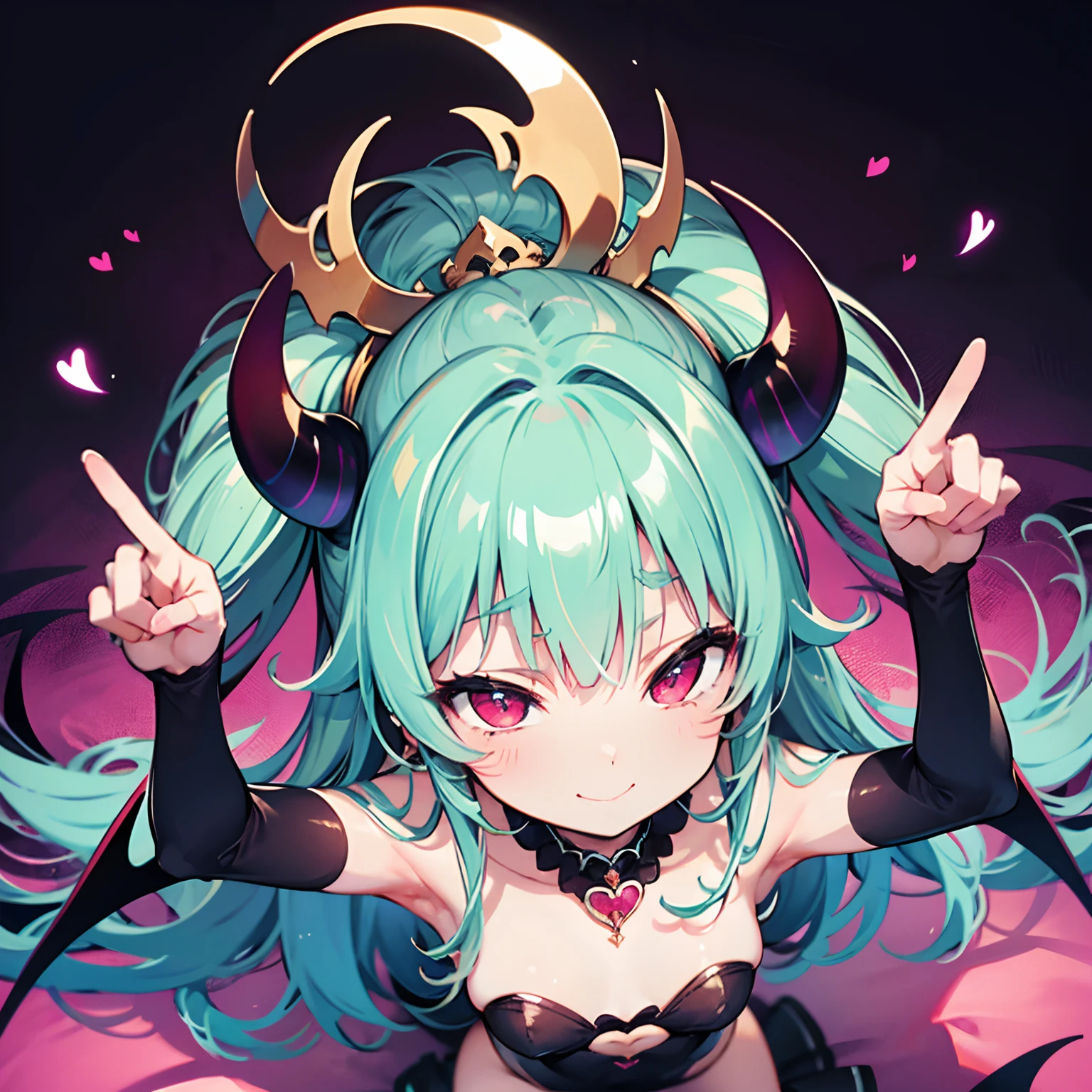 Succubus　Seduction poses　Erotic body　　kawaii faces　Enchanting face　Pose with open arms　heart mark　A slight smil　Peachy Hair　Eyes are hearts　Charm magic　Angle from above　Hartoma Background　Seated Pose