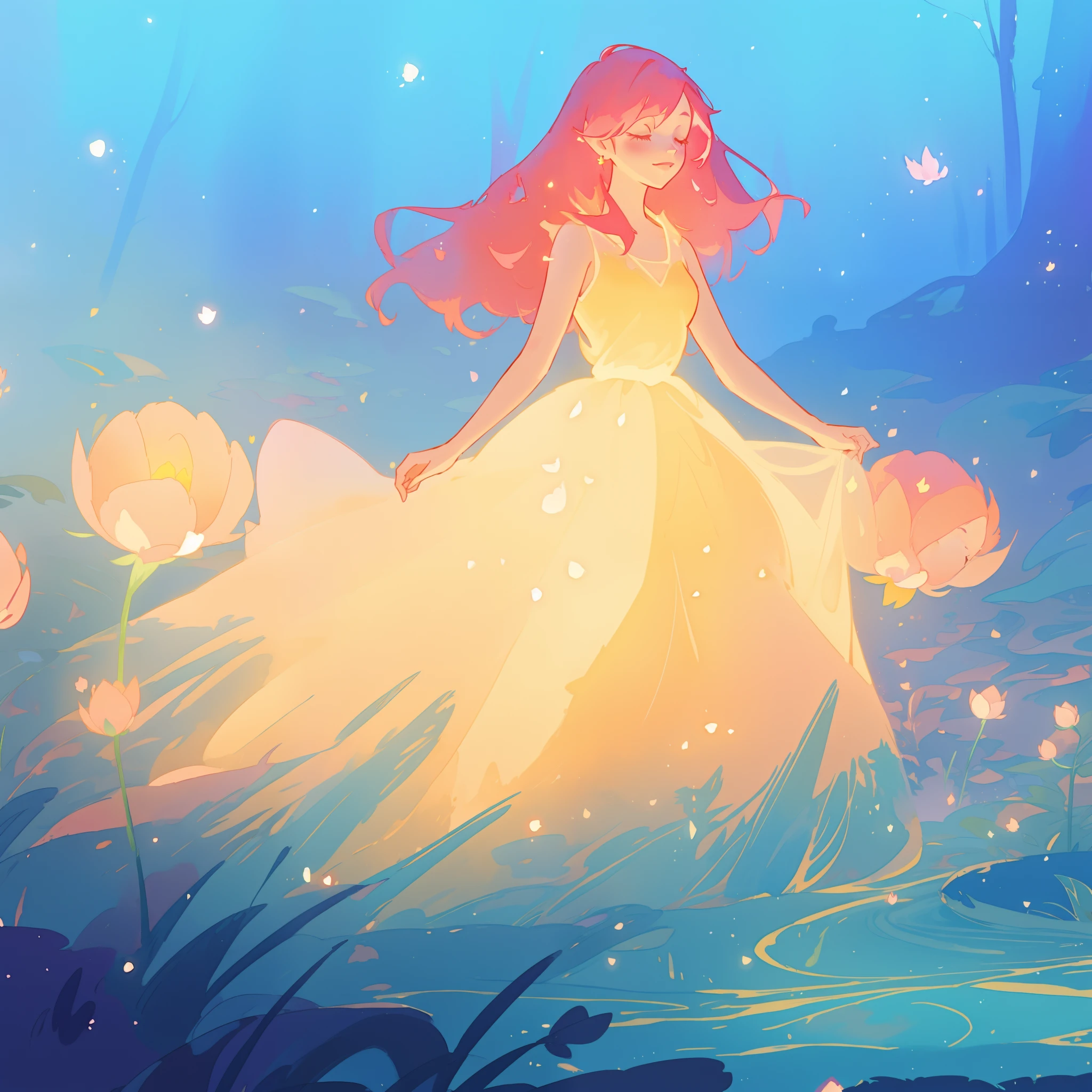 beautiful girl in glowing golden ballgown, long flowing red pink hair, fantasia magical forest background, watercolor illustration, disney art style, glowing aura around her, glowing lights, beautiful digital illustration, fantasia otherworldly landscape plants flowers, beautiful, masterpiece, best quality, anime disney style