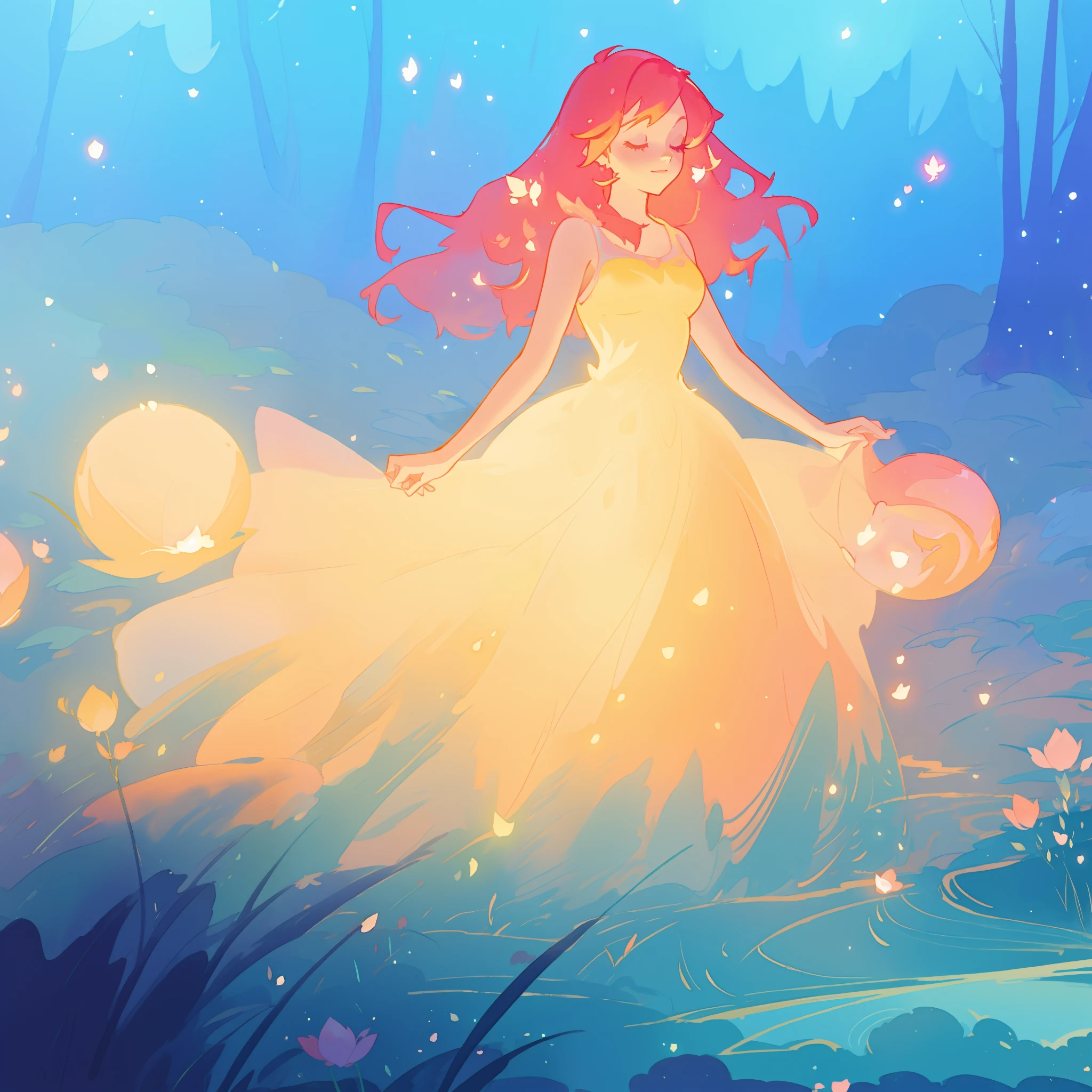 beautiful girl in glowing golden ballgown, long flowing red pink hair, fantasia magical forest background, watercolor illustration, disney art style, glowing aura around her, glowing lights, beautiful digital illustration, fantasia otherworldly landscape plants flowers, beautiful, masterpiece, best quality, anime disney style