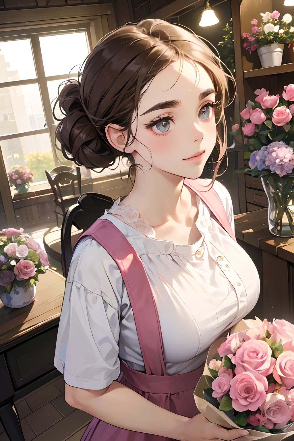 (masutepiece, Digital Art, Digital Illustration, 4K, 8K, Ultra-detailed, beautiful image, Sharp Image, Photorealistic, Raw photo, Perfect face, Perfect lines, Perfect eyes, Soft lighting) 1 woman, (lightbrown hair,Chignon hair in a high position,Innocent look,drooping eyebrows,drooing eyes,with round face,Innocence,cute little,big eye,natural make up,kindly smile,Colossal tits,23 y-o woman:1.3),1 man with glasses, (ember,Man in a casual t-shirt,Loose round neck,well-muscled,Firm shoulder width,Adult male,Horn cutting,denim,pinafore,A man in his 30s with a blurry expression:1.2),Flower Shop,Florist's storefront,Shopkeepers and clerks,Jobs Table,Ribbons of different colors,Different types of flowers,lots of flower,(Nervous,be shy,sleepy,embarrassed from:1.1),Open your thin mouth,Standing picture,floral arrangements,innocent smiles,Looking at the camera,Dating,(Bouquet of pink roses,flower arrangement:1.1),White lace shirt,