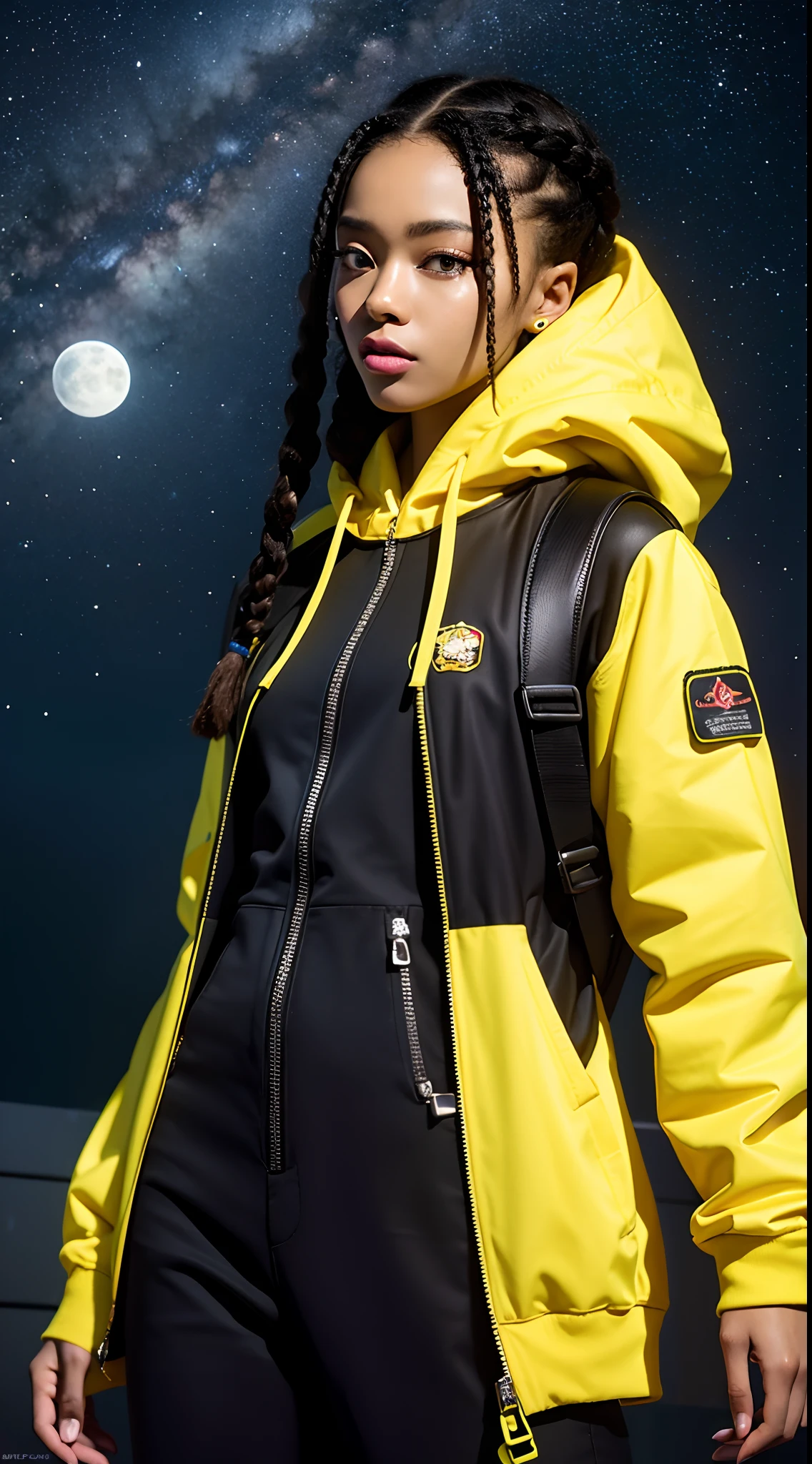 best quality, highres, solo, deep ebony 1girl, beautiful face, {{ box braids / afro / braided hair / curly hair }}, black lips, a female character is wearing a yellow and black colored outfit with a backpack and a yellow hoody jacket, dark black and yellow, sports leisure, green eyes, long hair, dangling earrings, cybernetically enhanced, chunky cuban link jewelry, medium breasts, she is standing in front of spaceships, satellites and moon rovers, starry night sky, pigeoncore, neo-dadaist, Asuka Langley, neon genesis EVA suit, mechanized precision, space crew member, she holds an important position, in crowd spectator at a tech conference in the style of mecha sci-fi anime